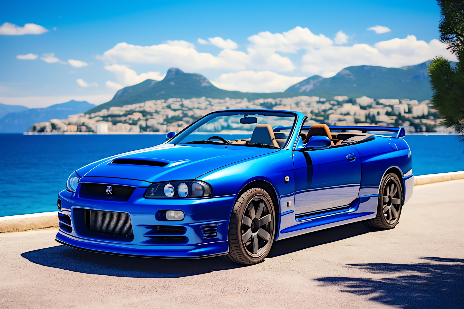 Nissan Skyline GTR R33, French Riviera, luxury convertible, Mediterranean coast, opulent surroundings, HD Desktop Wallpaper