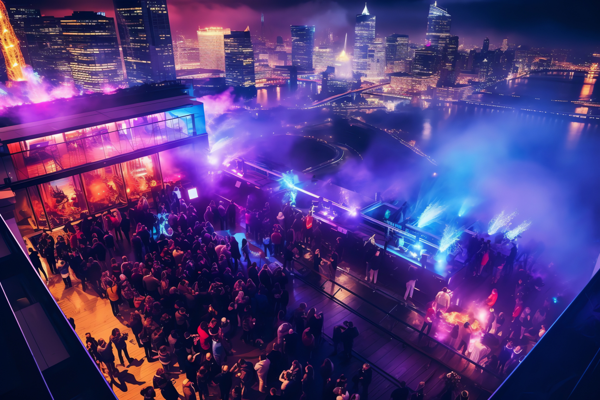 New Year's Eve celebration, urban rooftop, festive DJ party, skyline backdrop, pyrotechnic display, HD Desktop Wallpaper