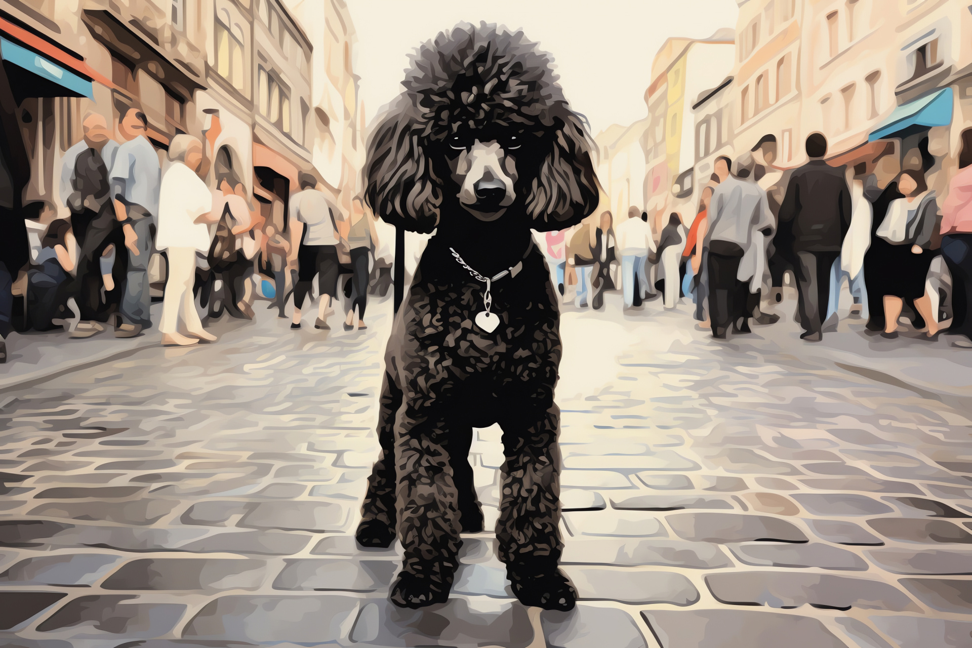 Elegant Poodle breed, Stylish Poodle haircut, Urban Poodle setting, Intelligent Poodle eyes, Luxurious Poodle, HD Desktop Image