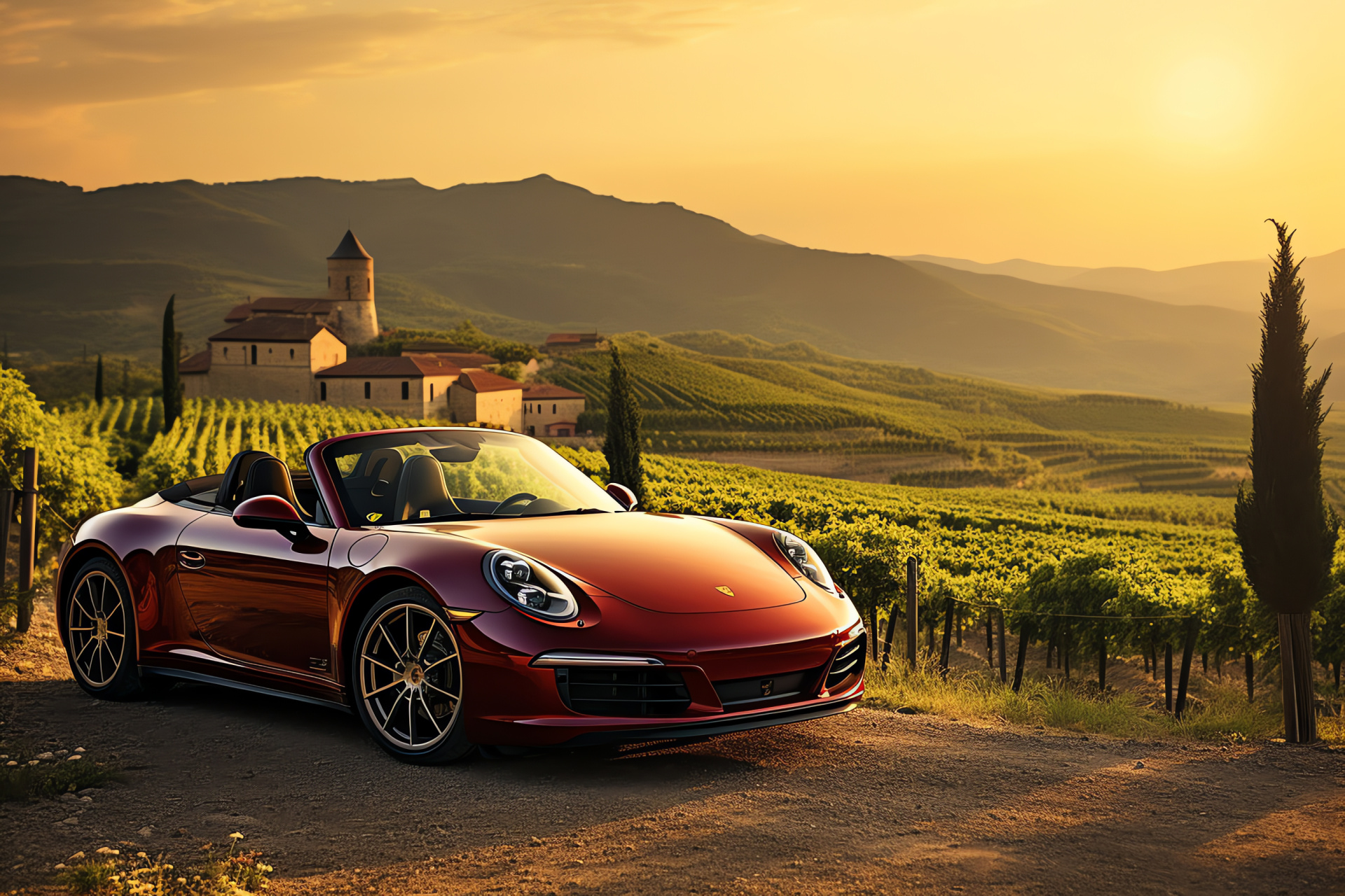 Iconic Porsche 911 Targa 4S, Italian countryside grandeur, cinematic glass roof, lush landscapes, viniculture scenery, HD Desktop Wallpaper