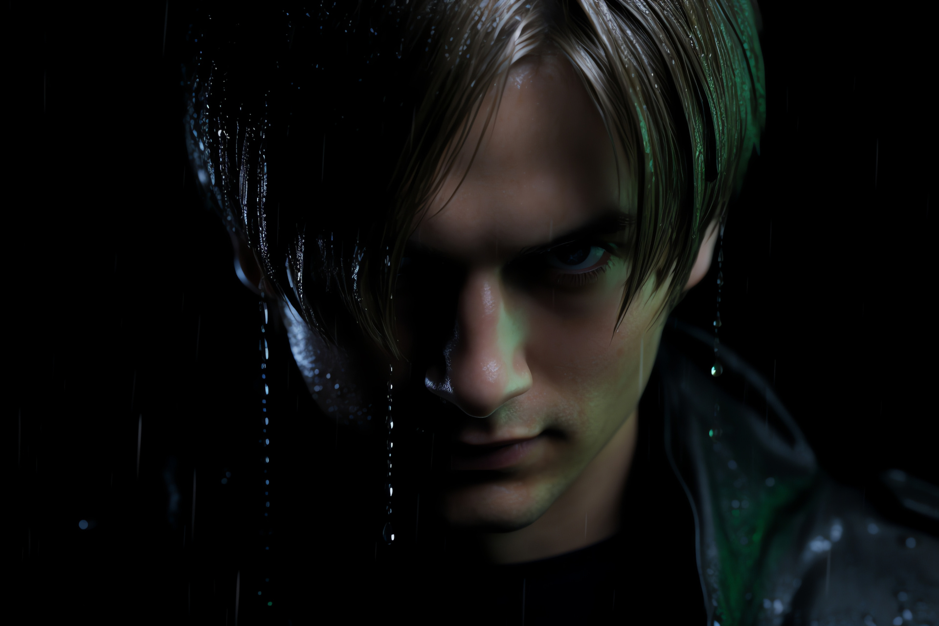 Leon Kennedy silhouette, R.P.D. officer, Bio-terrorism conflict, RE4 protagonist, Serious demeanor, HD Desktop Image