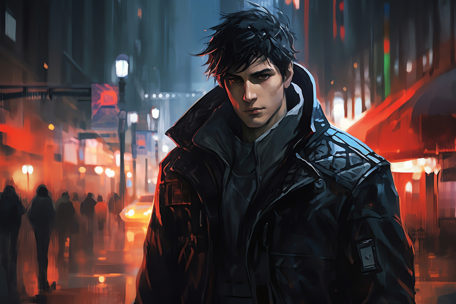 Persona 1 environment, Crowded in-game street, Streetwise video game character, Stylish leather attire, Mischievous character grin, HD Desktop Image
