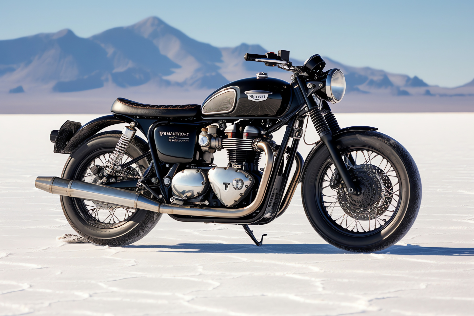 Triumph Bonneville T100, Salt Flats racing, black glossy motorcycle, historic racing venue, speed pursuit, HD Desktop Wallpaper