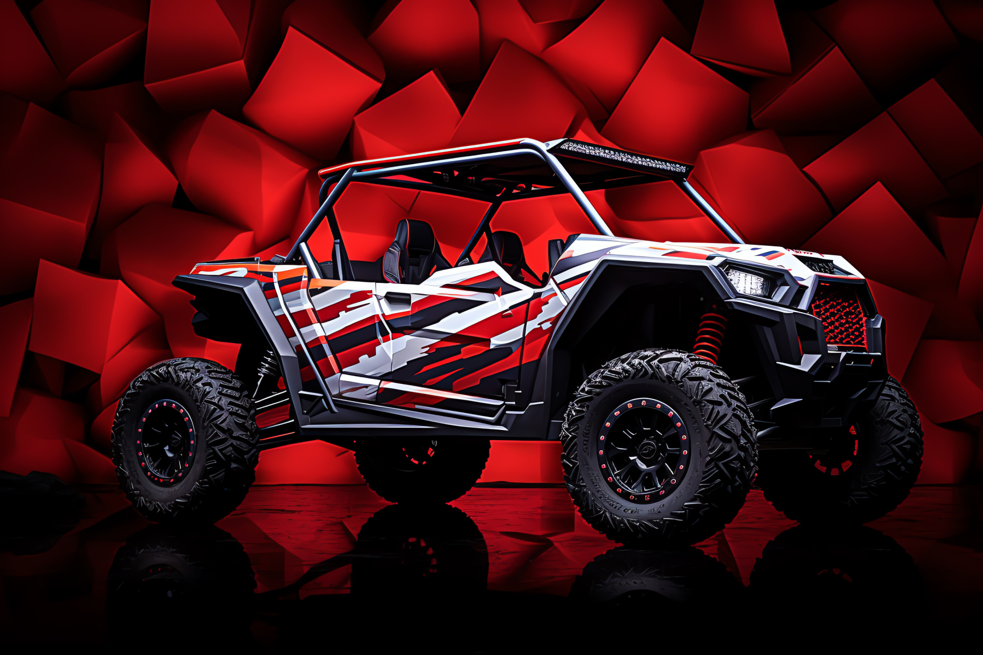 Polaris RZR side-exposure, Two-tone design, Geometric pattern backdrop, Sporting presence, Off-road culture, HD Desktop Wallpaper