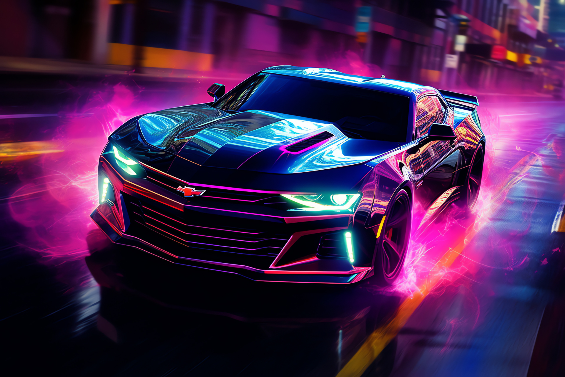 Chevrolet Camaro SS, Neon-lit cityscape, Bird-eye automotive angle, Vibrant urban streets, Sleek black car, HD Desktop Wallpaper