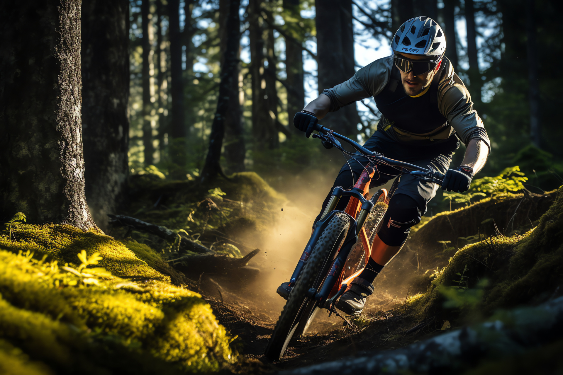 MTB Whistler peaks, Professional rider Sam Hill, Descending fast trail, Rugged cold peaks, Forest bike scene, HD Desktop Wallpaper