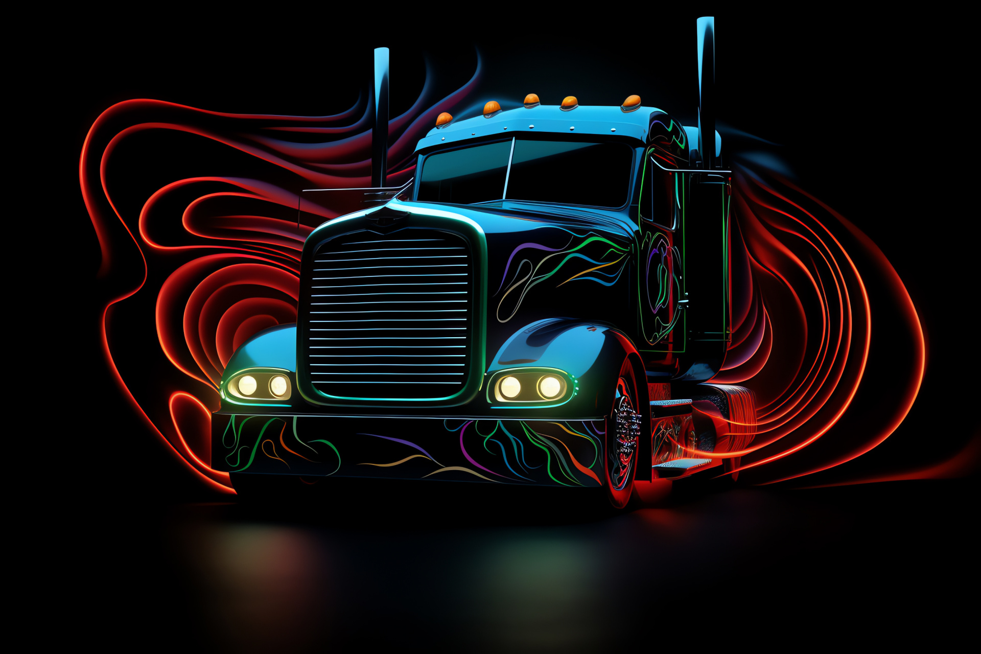 Peterbilt logo pattern, Swirling backdrop, High viewpoint, Glowing line motif, Radiant emblem, HD Desktop Image