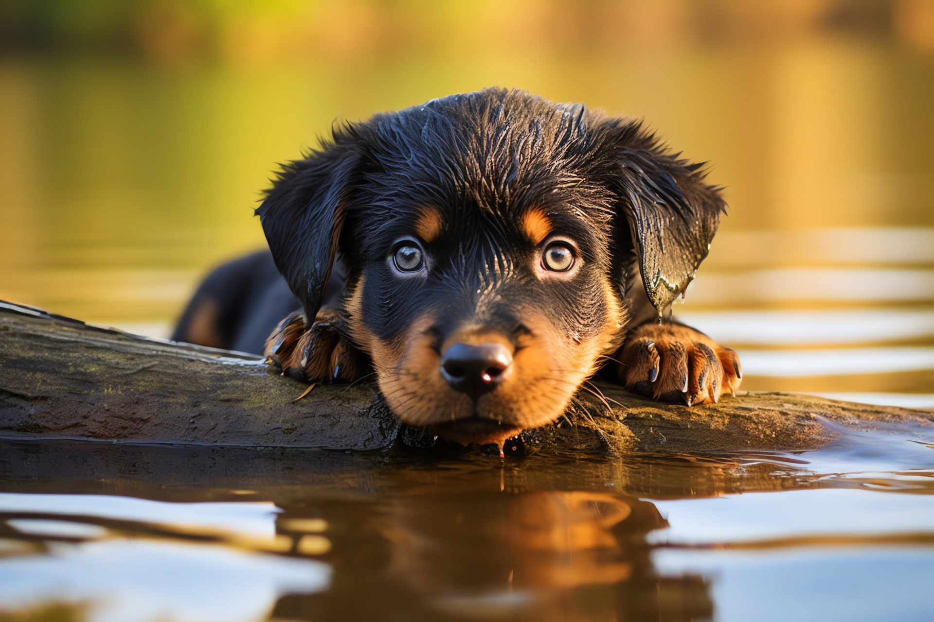 Adventurous pup, expressive look, lakeshore setting, inquisitive Rottweiler, natural light, HD Desktop Wallpaper
