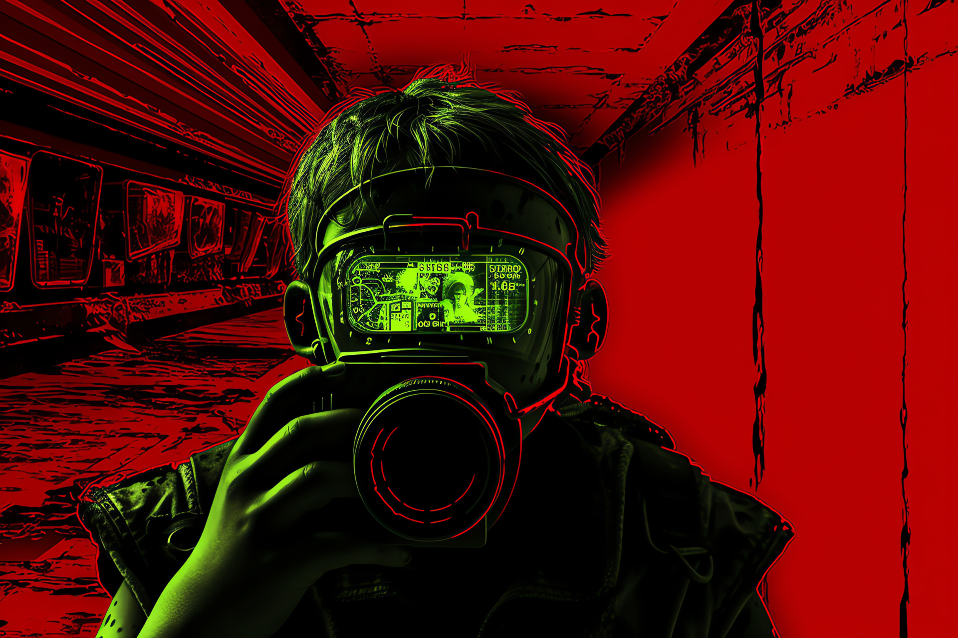 Pip Boy, Green-eyed character, Distorted screen, Bright crimson, Gaming paraphernalia, HD Desktop Image