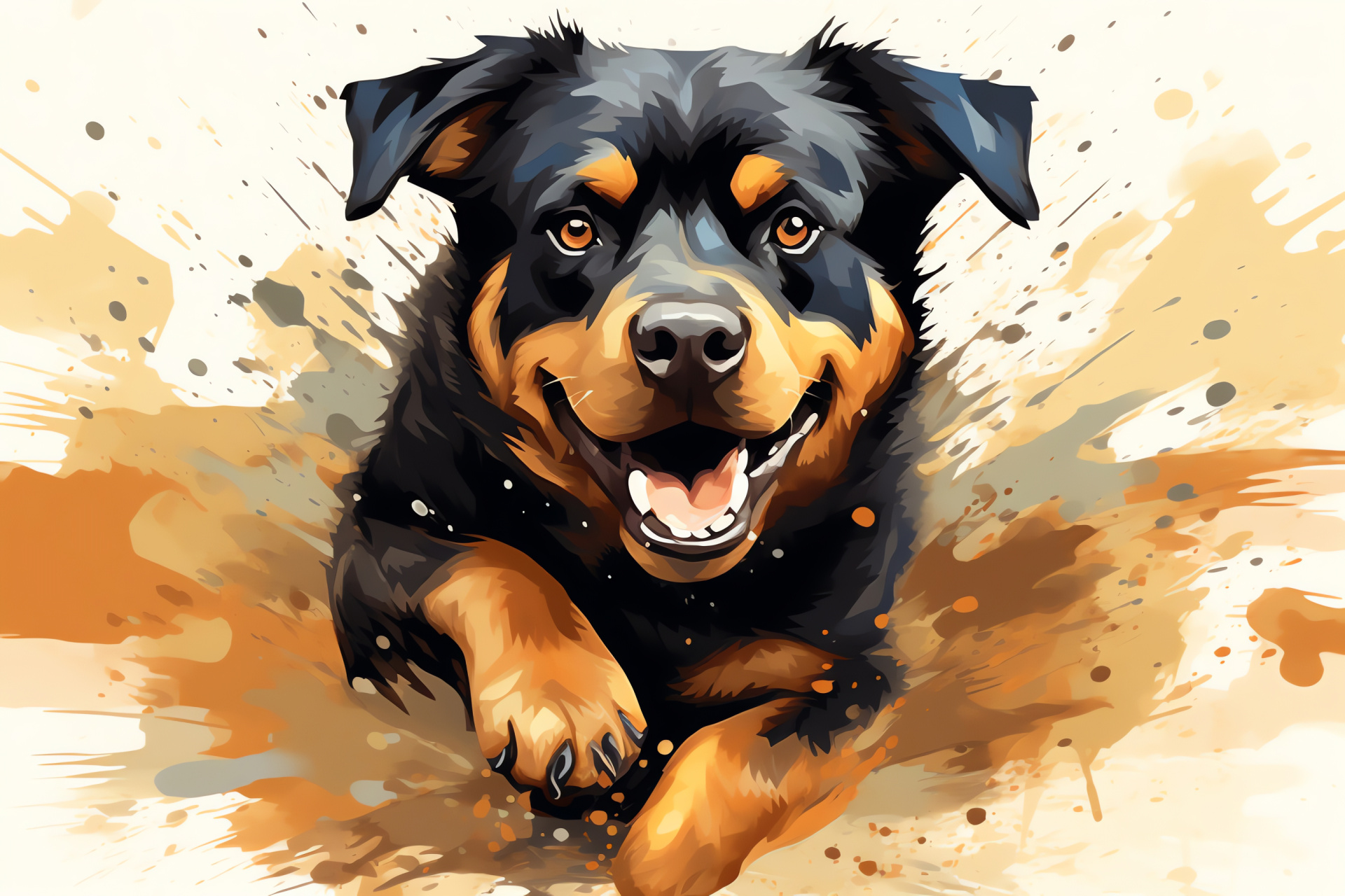 Rottweiler mid-play, dynamic canine, brown orbs, sleek fur, distinctive contrast, HD Desktop Image