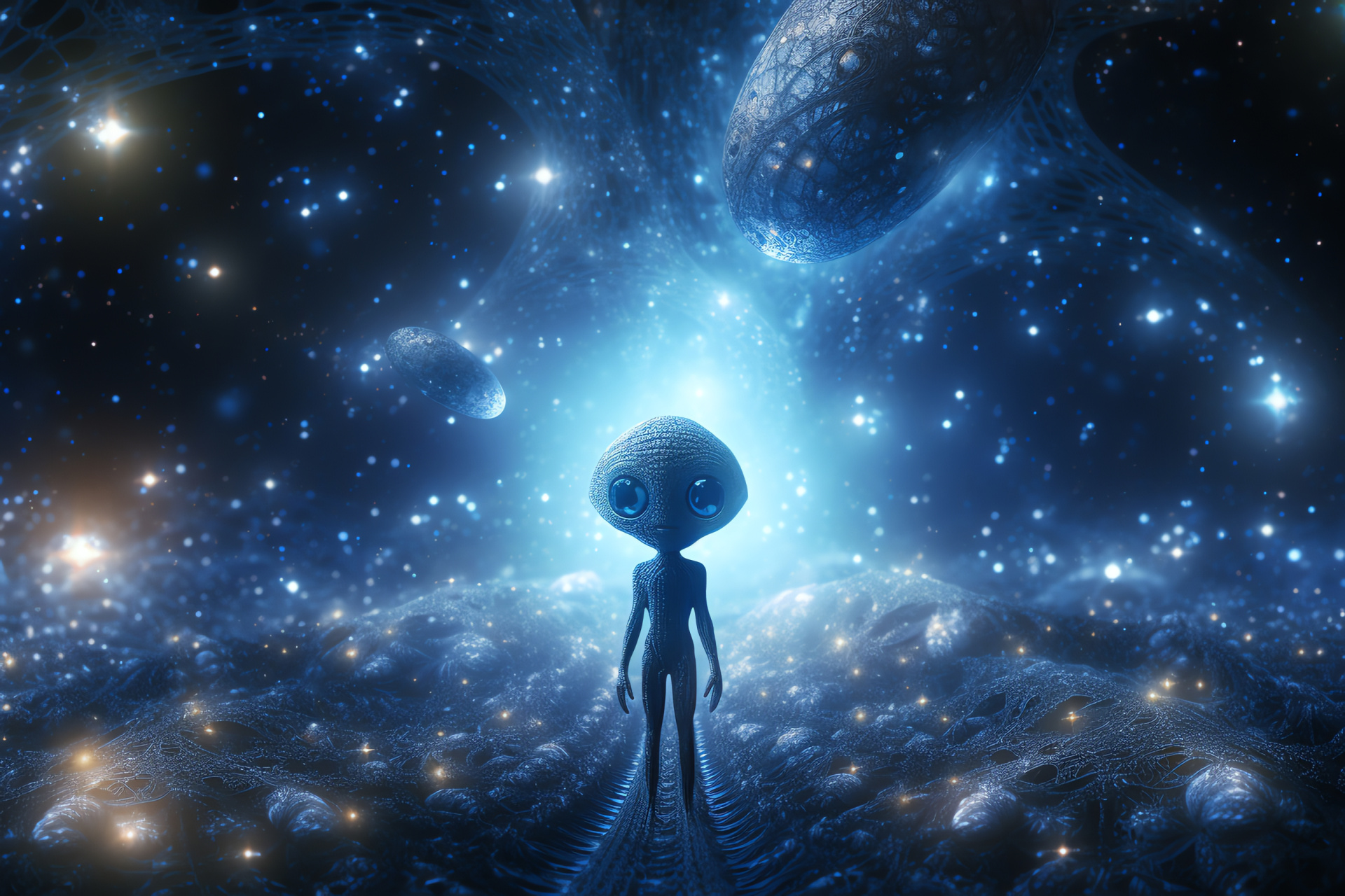 Solitary extraterrestrial creature, microgravity environment, cosmic voyage, celestial field, astronomical bodies sparkle, HD Desktop Image