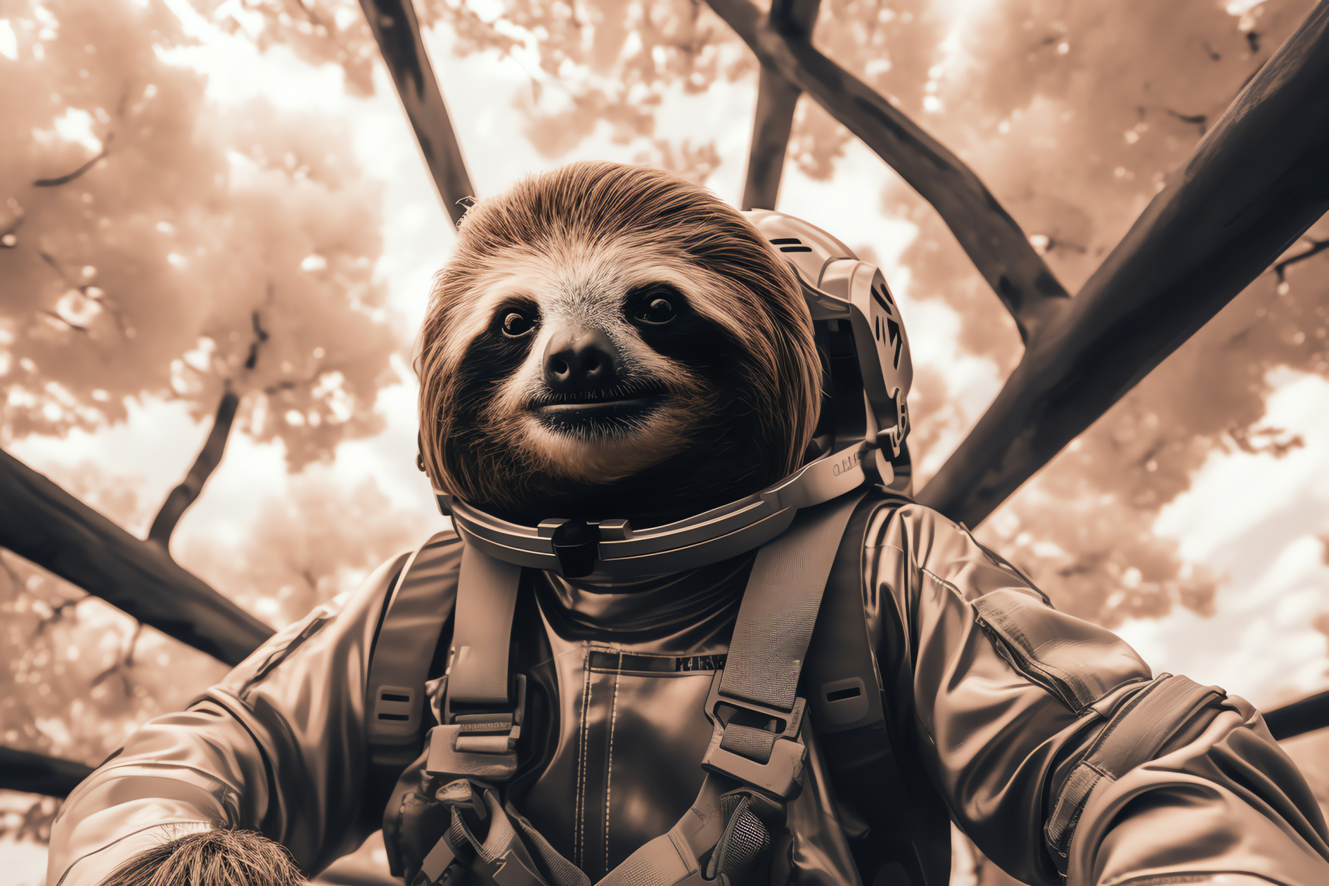 Space themed sloth, tranquil gaze, cozy arboreal habitat, dreamlike branch hangout, celestial tones, HD Desktop Wallpaper