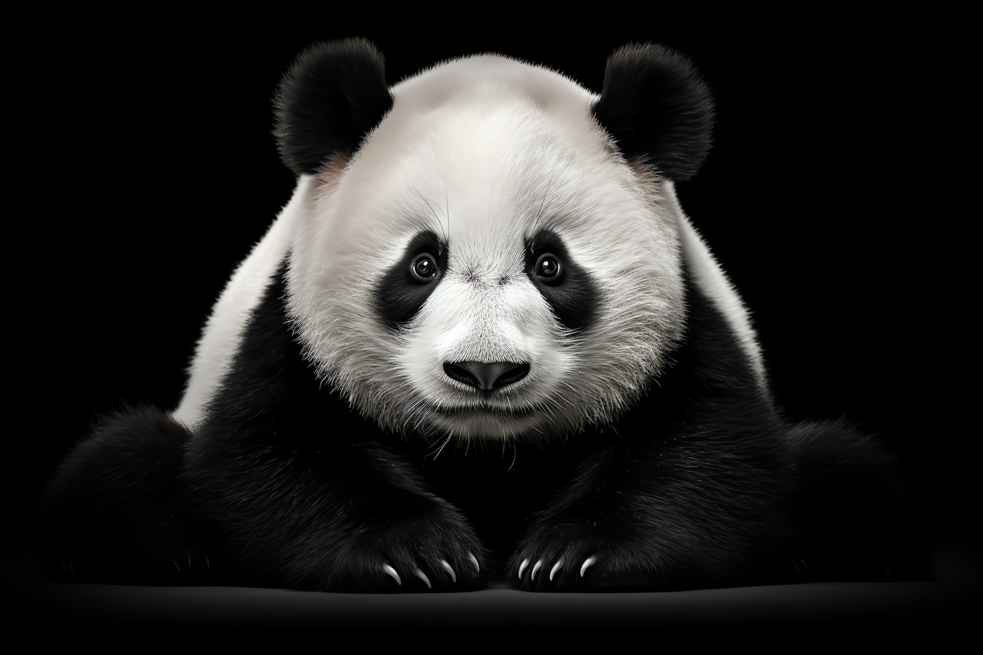 Panda bear stoic, Monochrome fur, Creature solemn, Backdrop onyx, Repose calm, HD Desktop Wallpaper