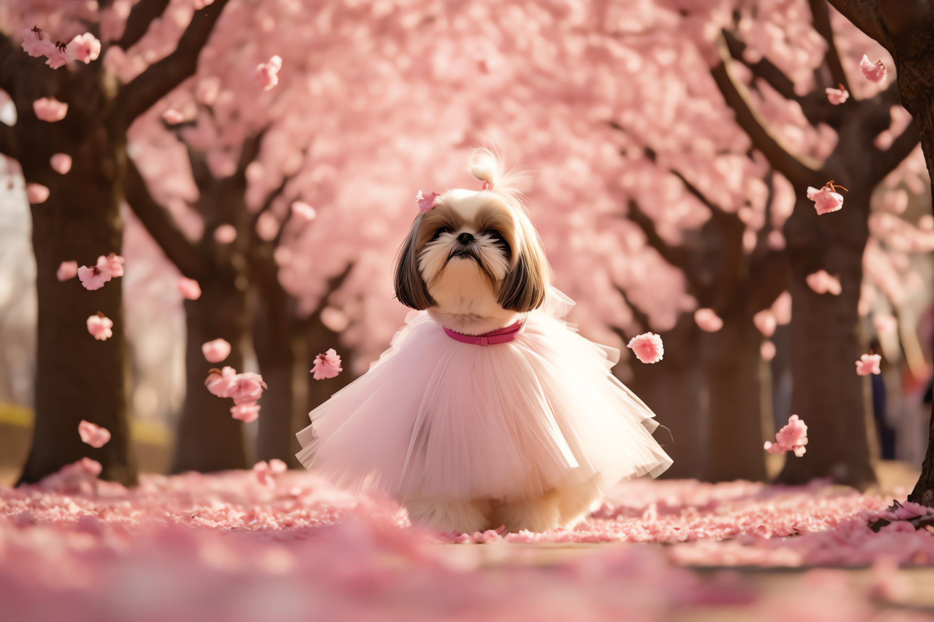 Dog adorned in pink, Serene greenery, Adorable outfit, Love-theme event, Pet celebration, HD Desktop Wallpaper