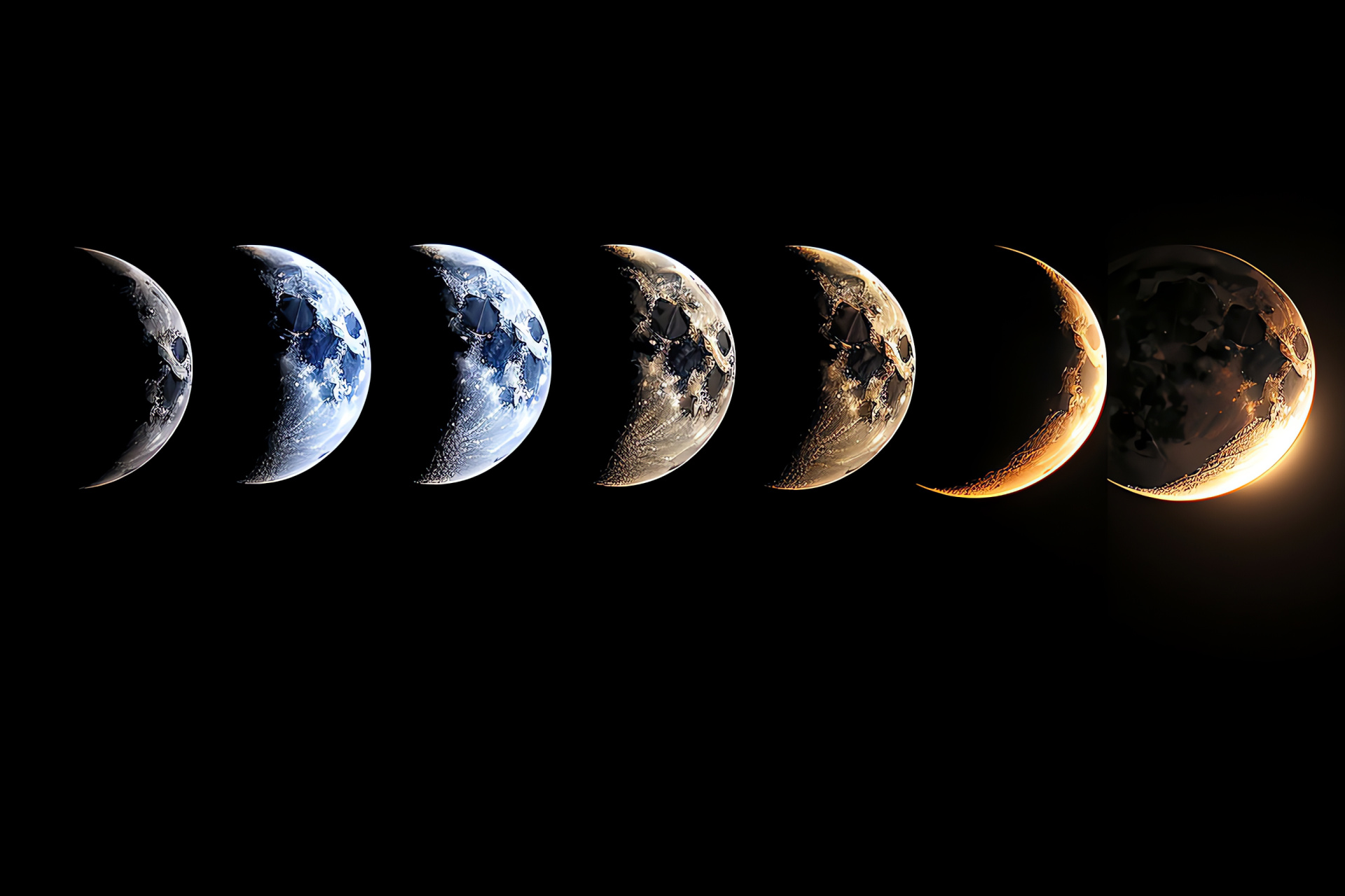 Phases of the Moon, Lunar cycle, Celestial transition, Crescent shape, Quarter phase, HD Desktop Image