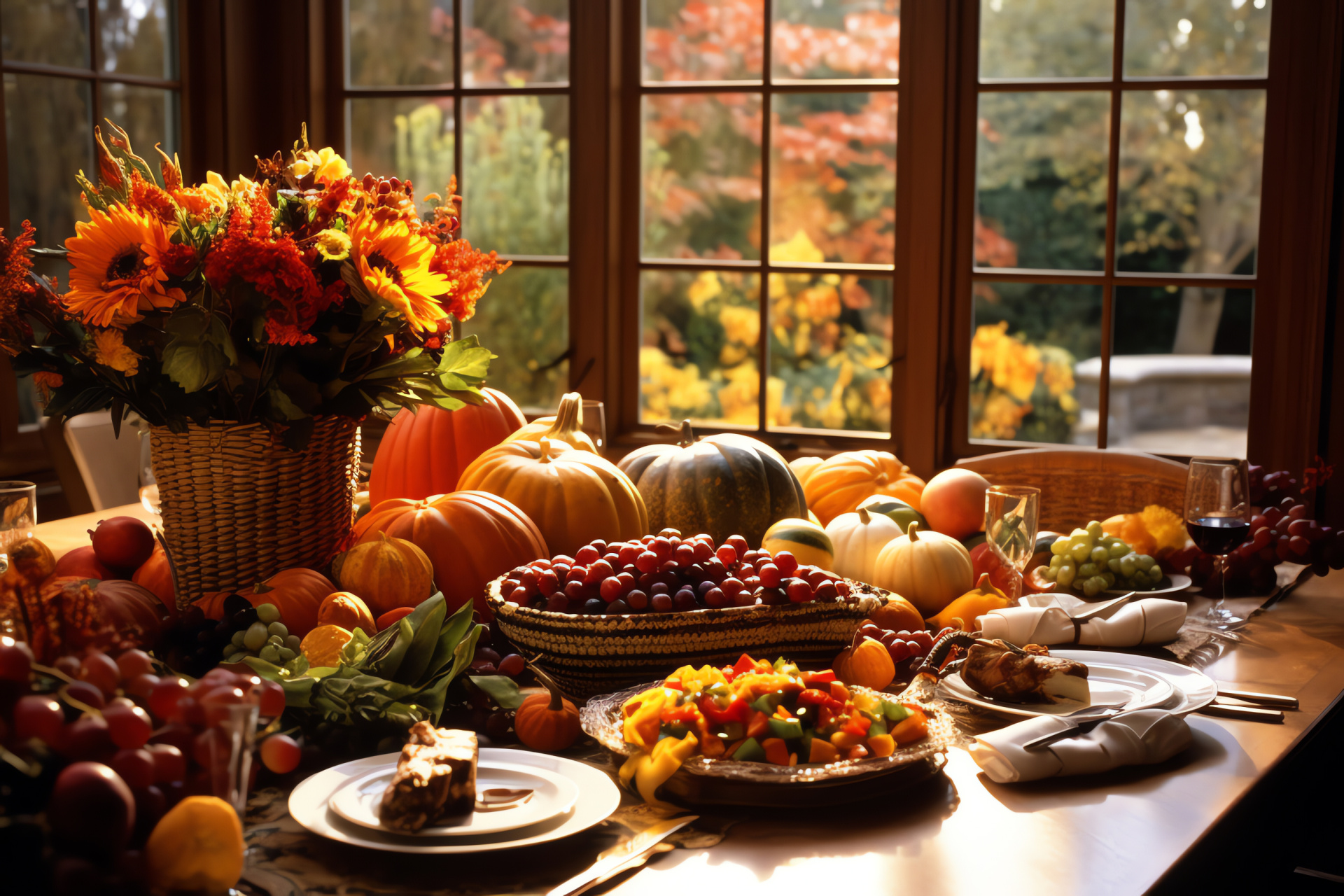 Thanksgiving American tradition, Festive home setting, Laden dining spread, Harvest cornucopia decor, Festive celebration, HD Desktop Image