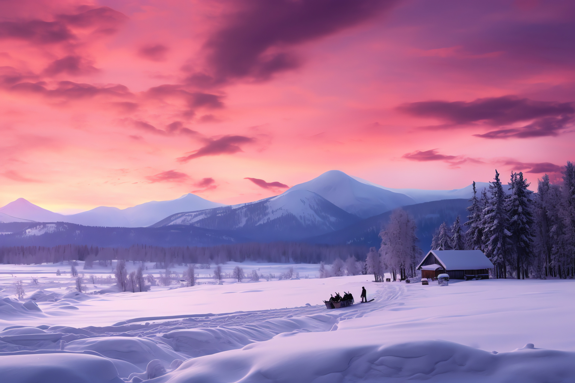 Alpine winter leisure, Twilight sky hues, Snow(down)hill thrill, Mountain sled trails, Evening nature colors, HD Desktop Image