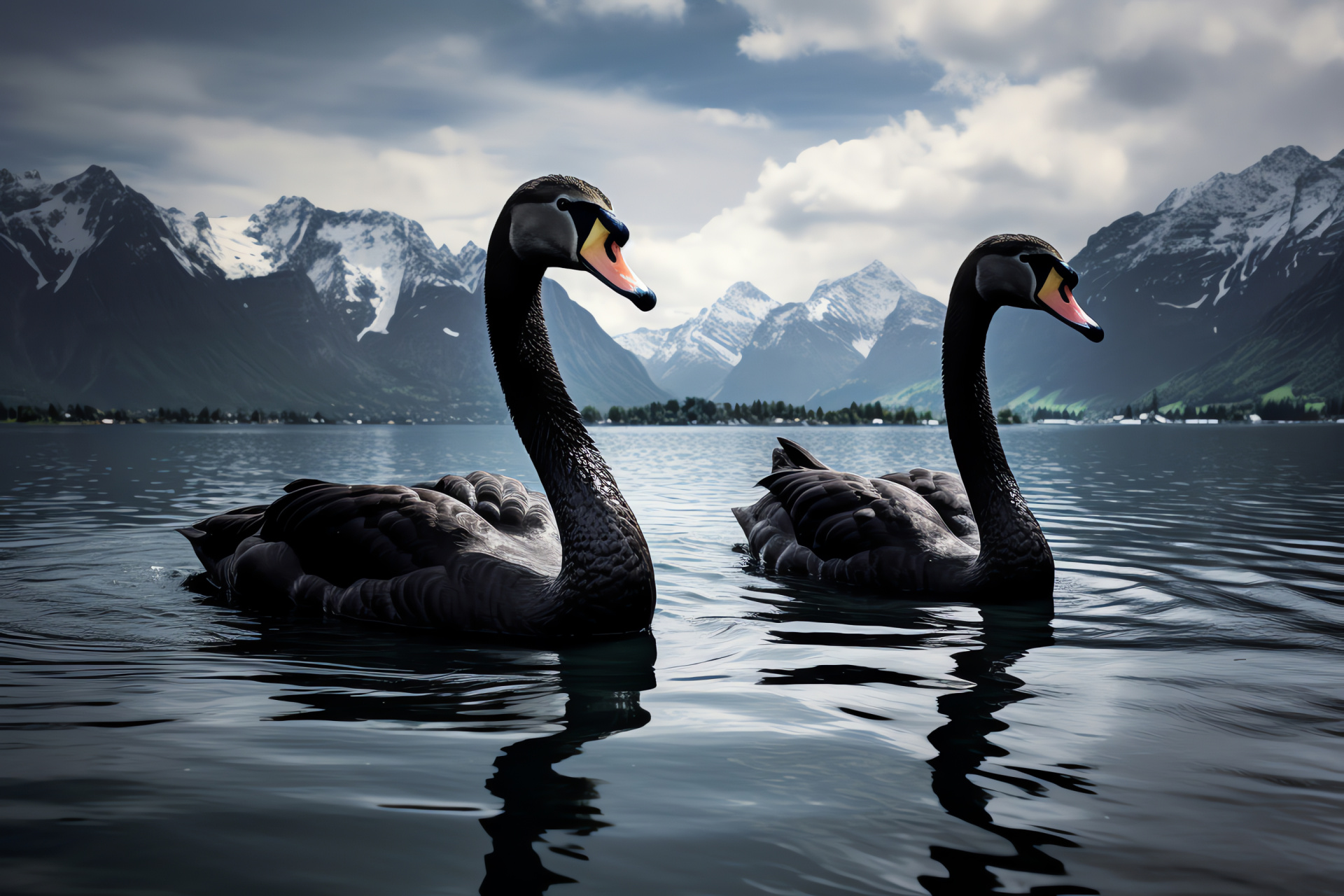 Pair of Black Swans, Elegant bird duo, Mountain lake scenery, Swan reflection, Peaceful avian moment, HD Desktop Wallpaper