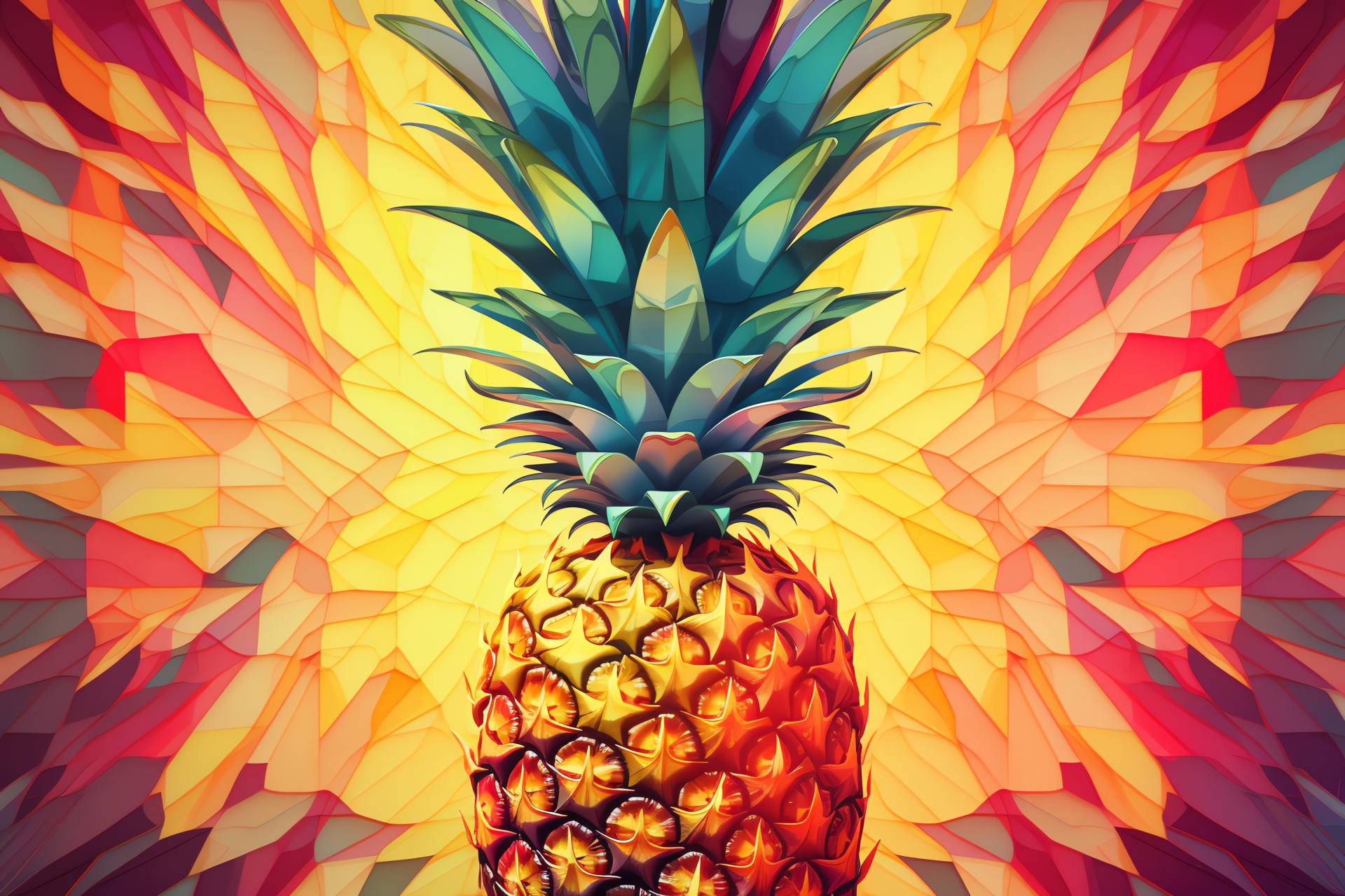 Pineapple fruit, geometric intrigue, stark contrast, leafy crown, creative expression, HD Desktop Wallpaper