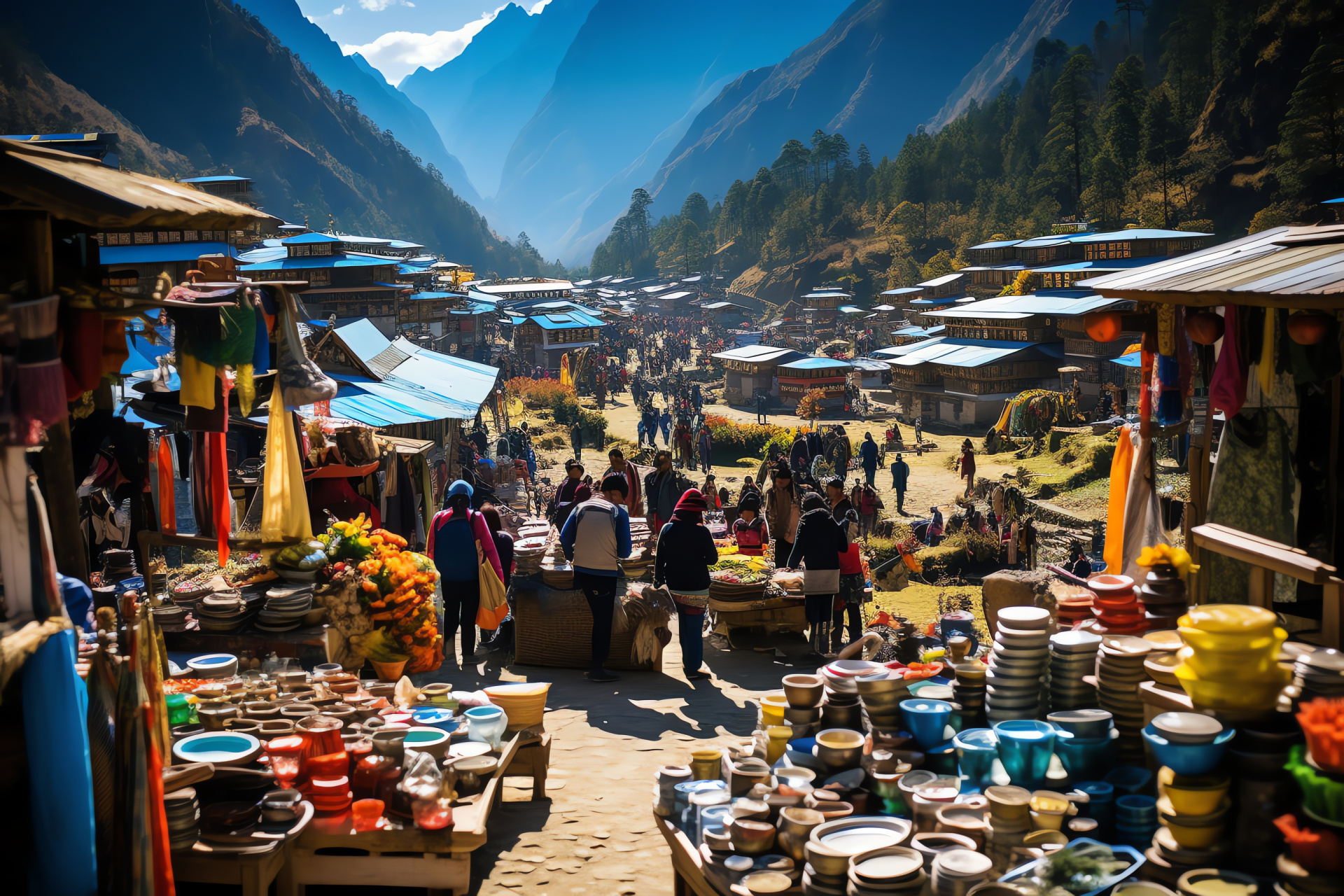 Namche Bazaar, Khumbu region commerce, Himalayan market scene, Nepali crafts, mountain agriculture, HD Desktop Wallpaper