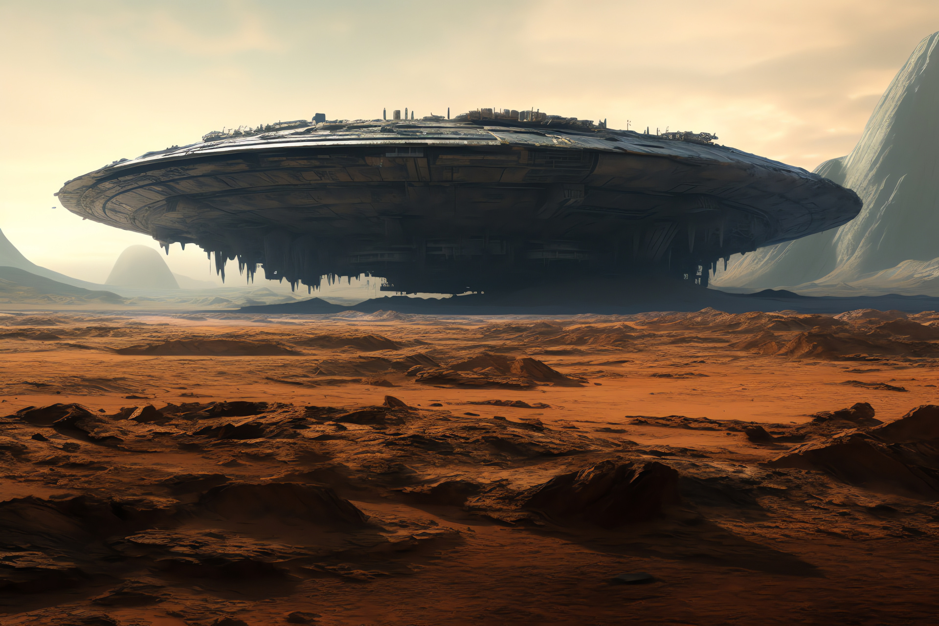 Dominant mothership, Forsaken world, Mammoth dimension, Enveloping dark, Desolate expanse, HD Desktop Wallpaper