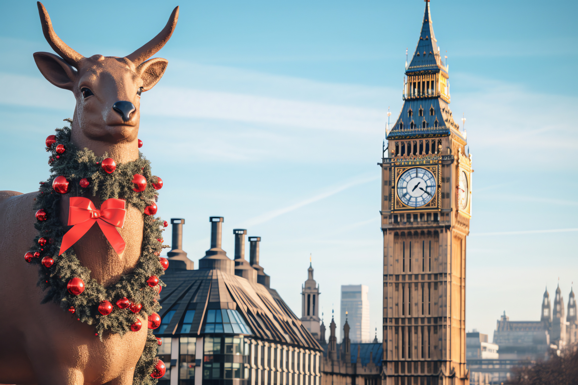 Rudolph sighting, Holiday tradition London, Iconic metropolis symbols, Timekeeper tower Christmas, England winter celebration, HD Desktop Wallpaper