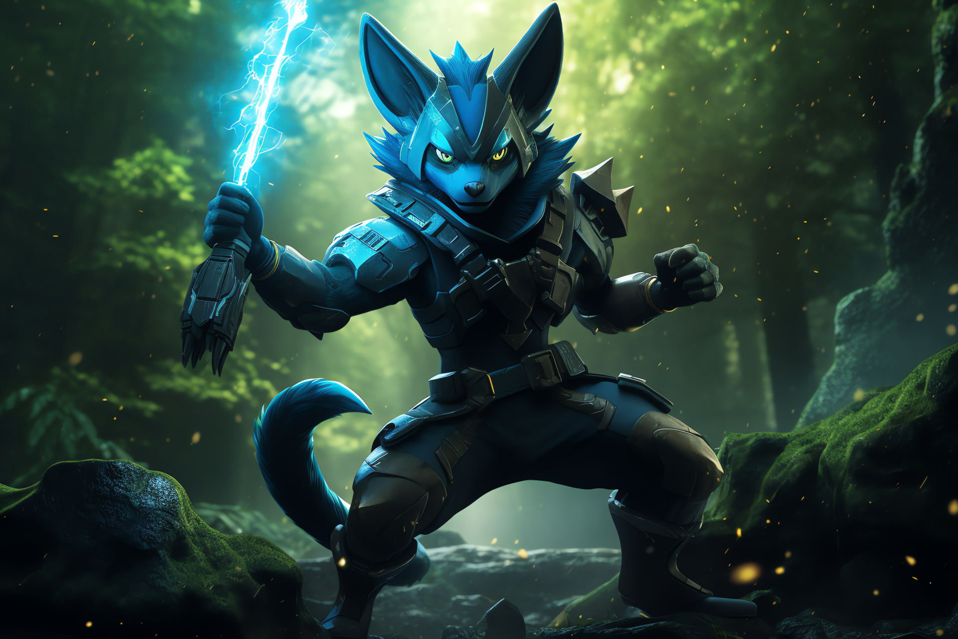 Lucario in natural habitat, Viridian Grove ambience, Fighting Steel Pokemon, Sleek fur design, Forest setting, HD Desktop Image