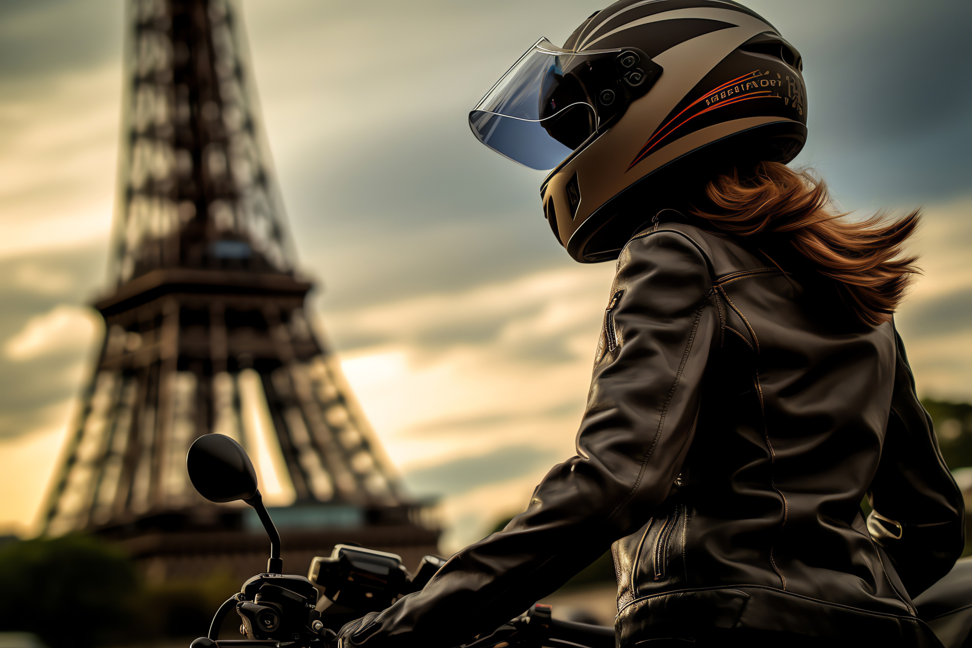 Parisian motorcycle woman, Eiffel Tower vicinity, Safety gear fashion, Leather biking style, French capital streets, HD Desktop Wallpaper