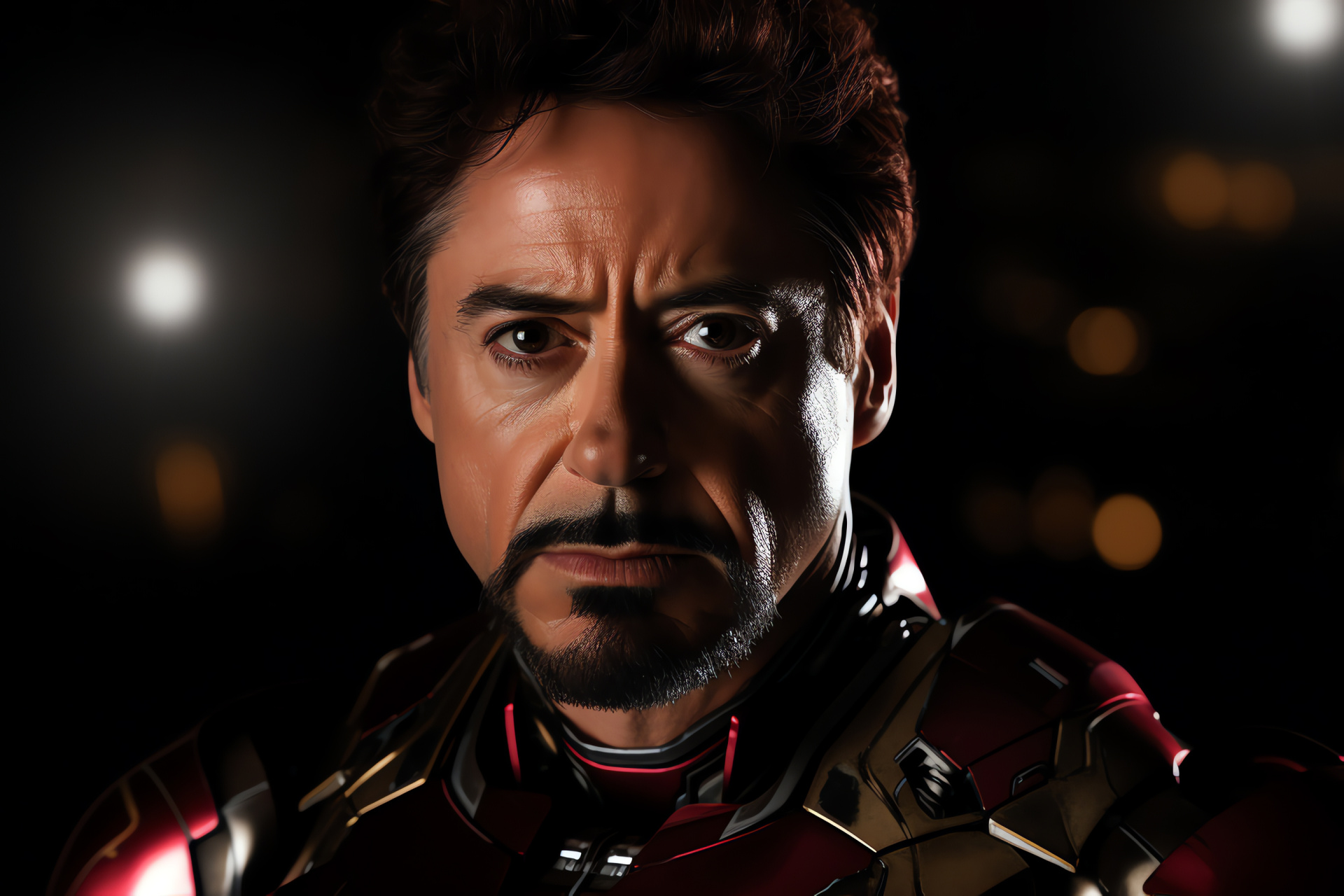 Robert Downey Jr as witty Iron Man, Stark's sly expression, Saturated crimson hues, Luxurious metallic finish, Indomitable superhero, HD Desktop Wallpaper