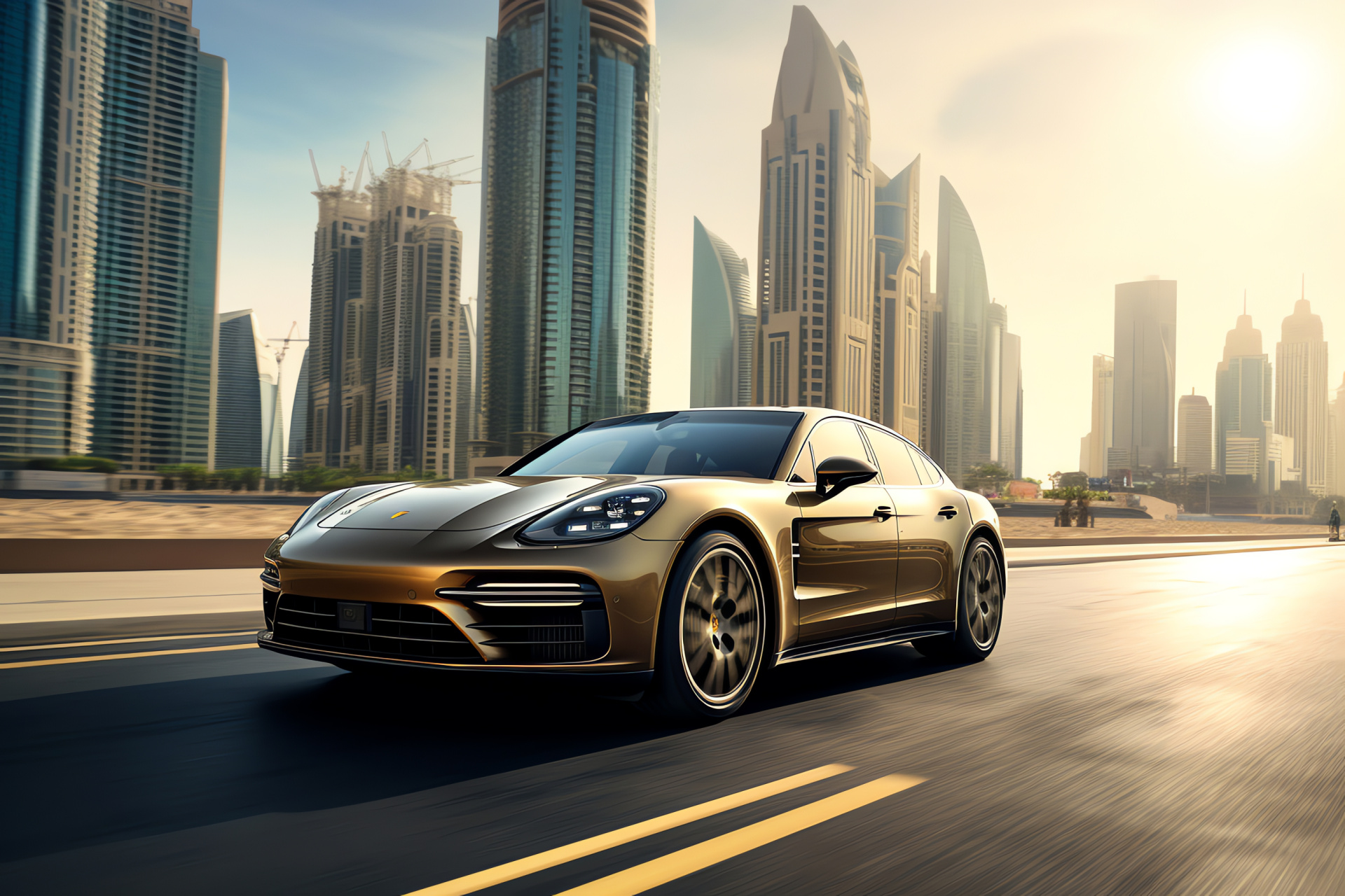 Porsche Panamera Turbo S E-Hybrid, Dubai cityscape, Luxury vehicles, Futuristic environments, Skyscraper silhouettes, HD Desktop Image