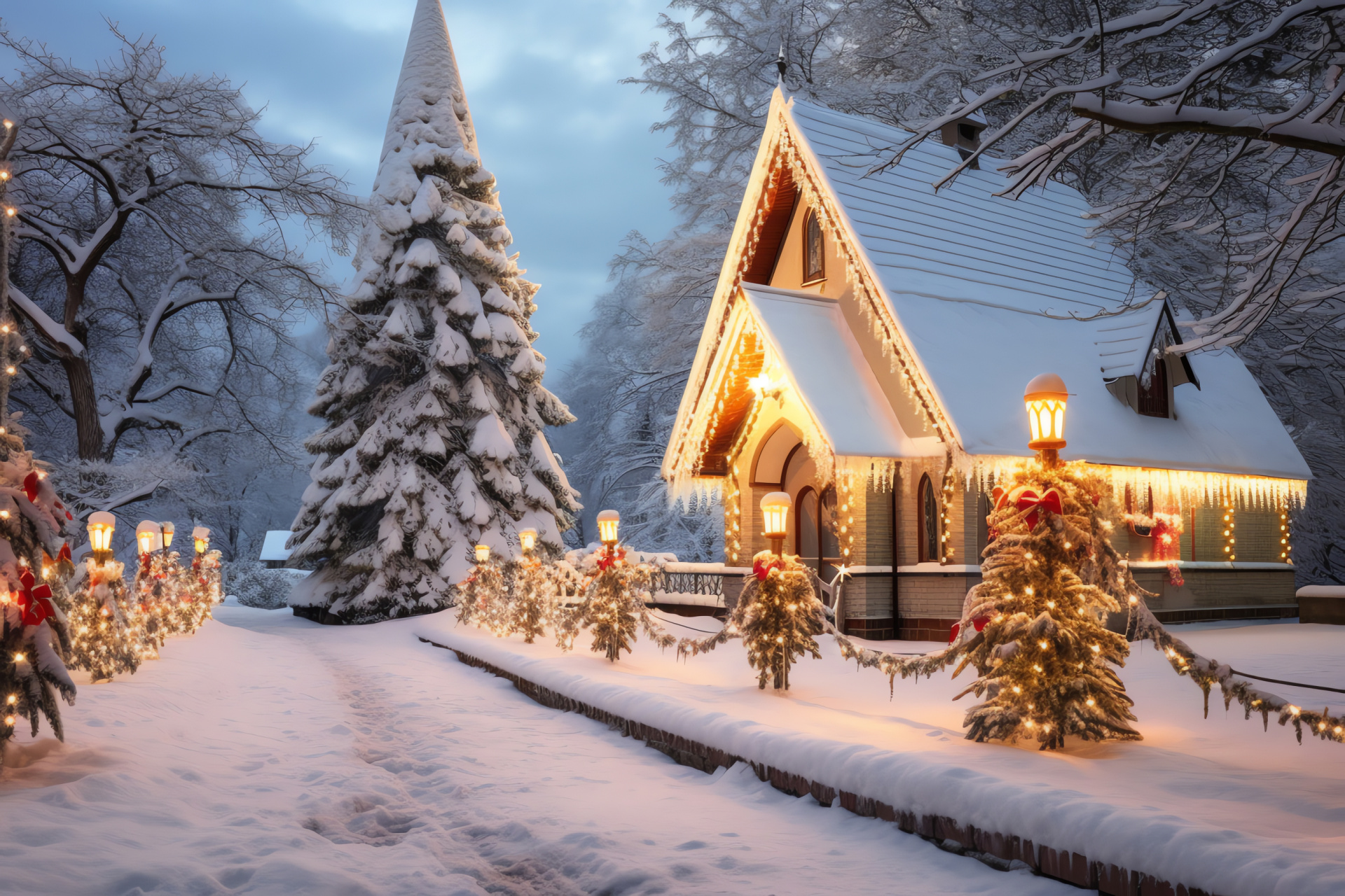 Yuletide service, Ornamental church, Winter celebration, Radiant illumination, Frosty surroundings, HD Desktop Image