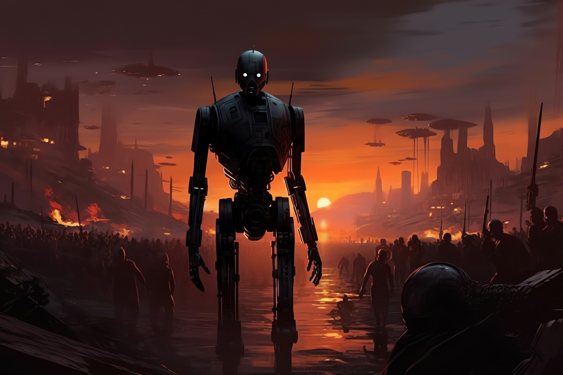 Rogue One battle sequence, K-2SO profile, Scorched terrain engagement, Military confrontation, Galactic adversaries, HD Desktop Wallpaper