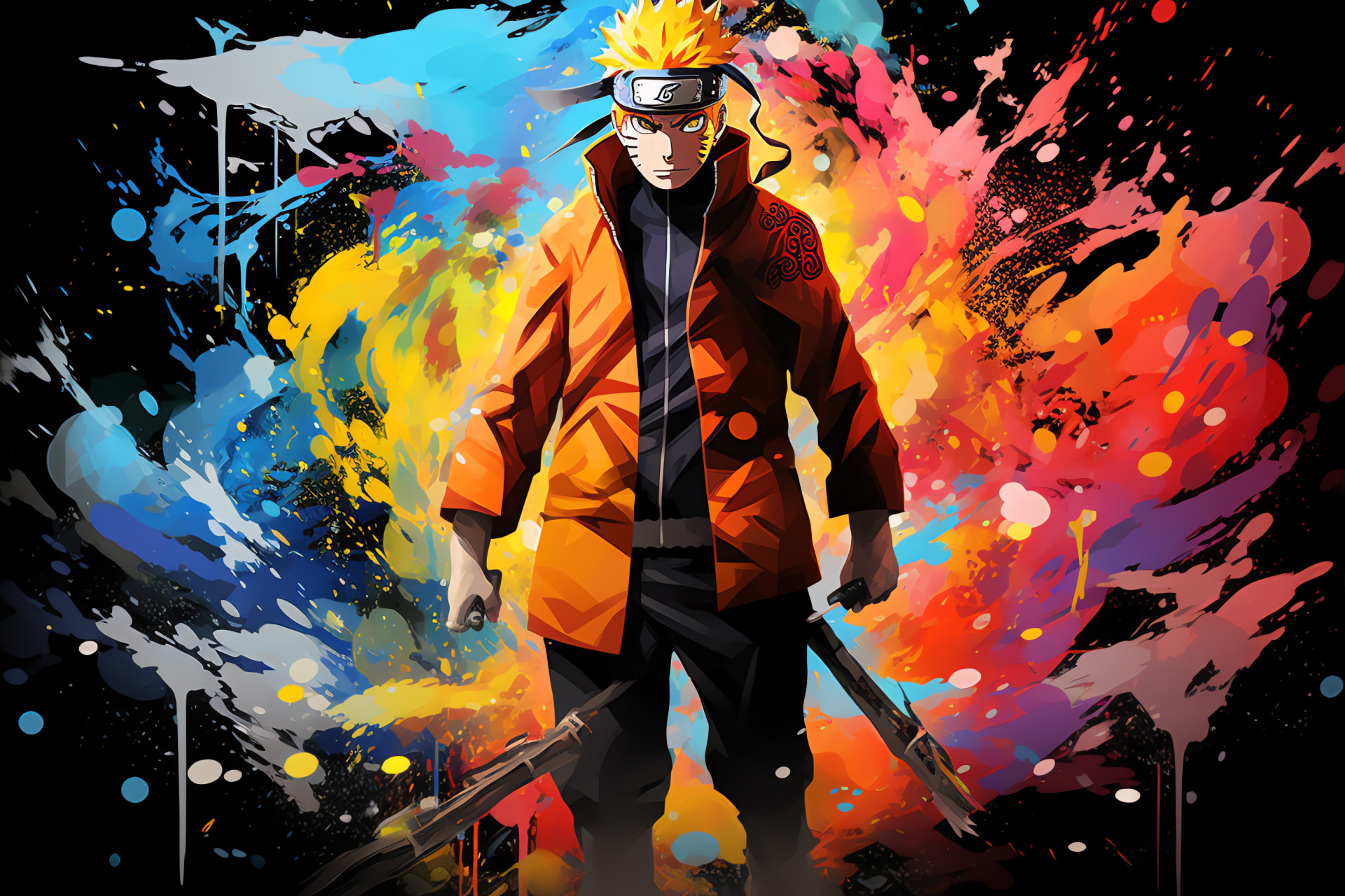 Naruto Uzumaki animated style, Shiny yellow locks, Deep cerulean glance, Vibrant ninja suit, Whirl symbol of legacy, HD Desktop Image