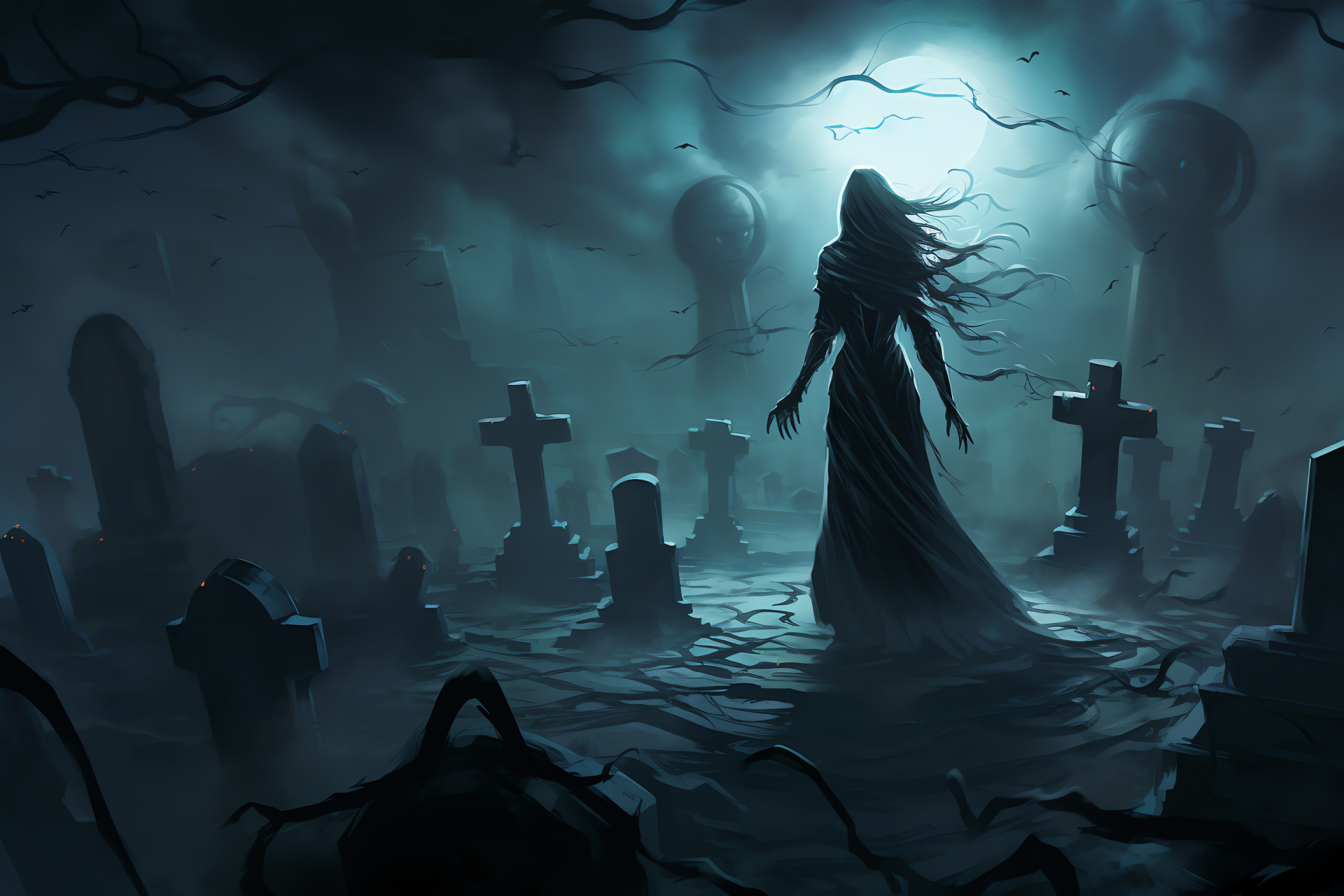 Necromancer realm, burial ground, dilapidated gravestones, nocturnal luminary, occult sorcery, HD Desktop Wallpaper