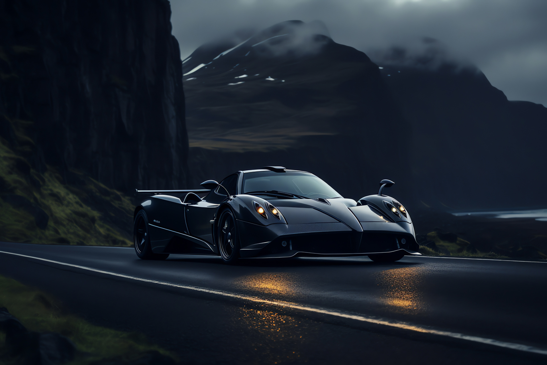 Pagani Zonda F, Icelandic expedition, serpentine drives, volcanic formations, scenic Nordic lights, HD Desktop Image