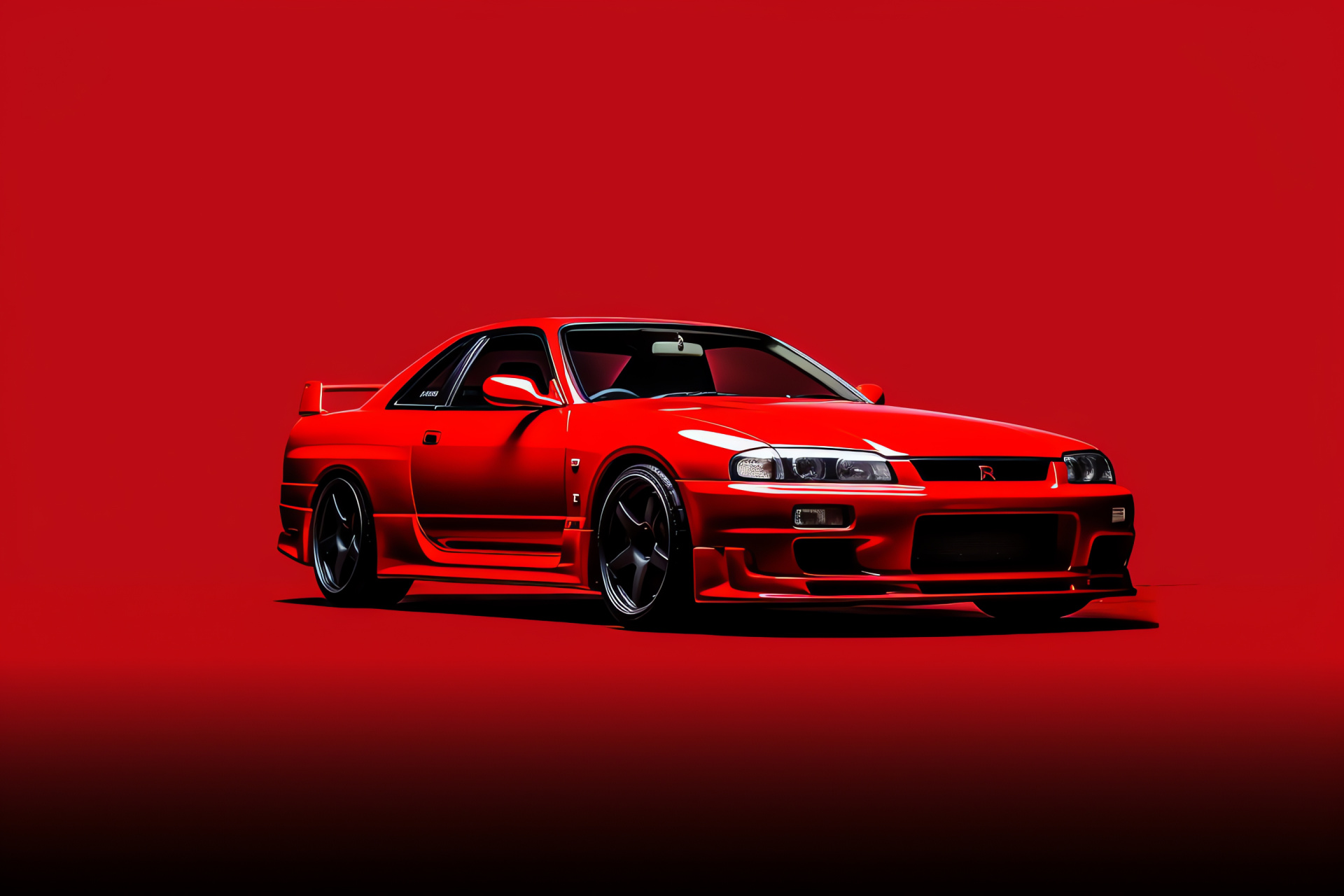 1995 Nissan Skyline GTR R33, Elevated perspective, Automotive styling, Scarlet sports car, Isolated on red, HD Desktop Wallpaper