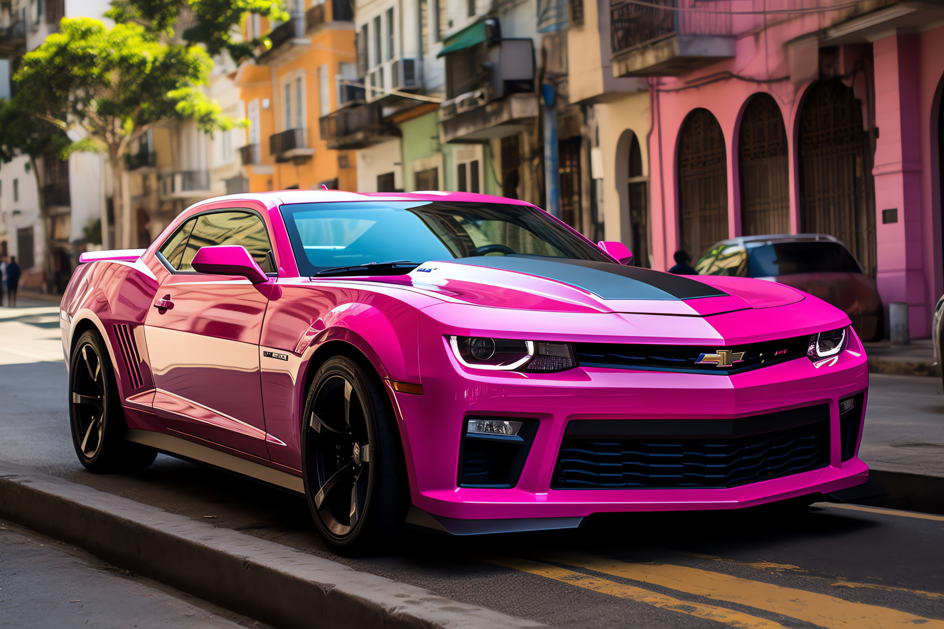 Chevrolet Camaro SS in Pink, Rio's vibrant architecture, American muscle car, Iconic statue overlook, Engine roar, HD Desktop Image