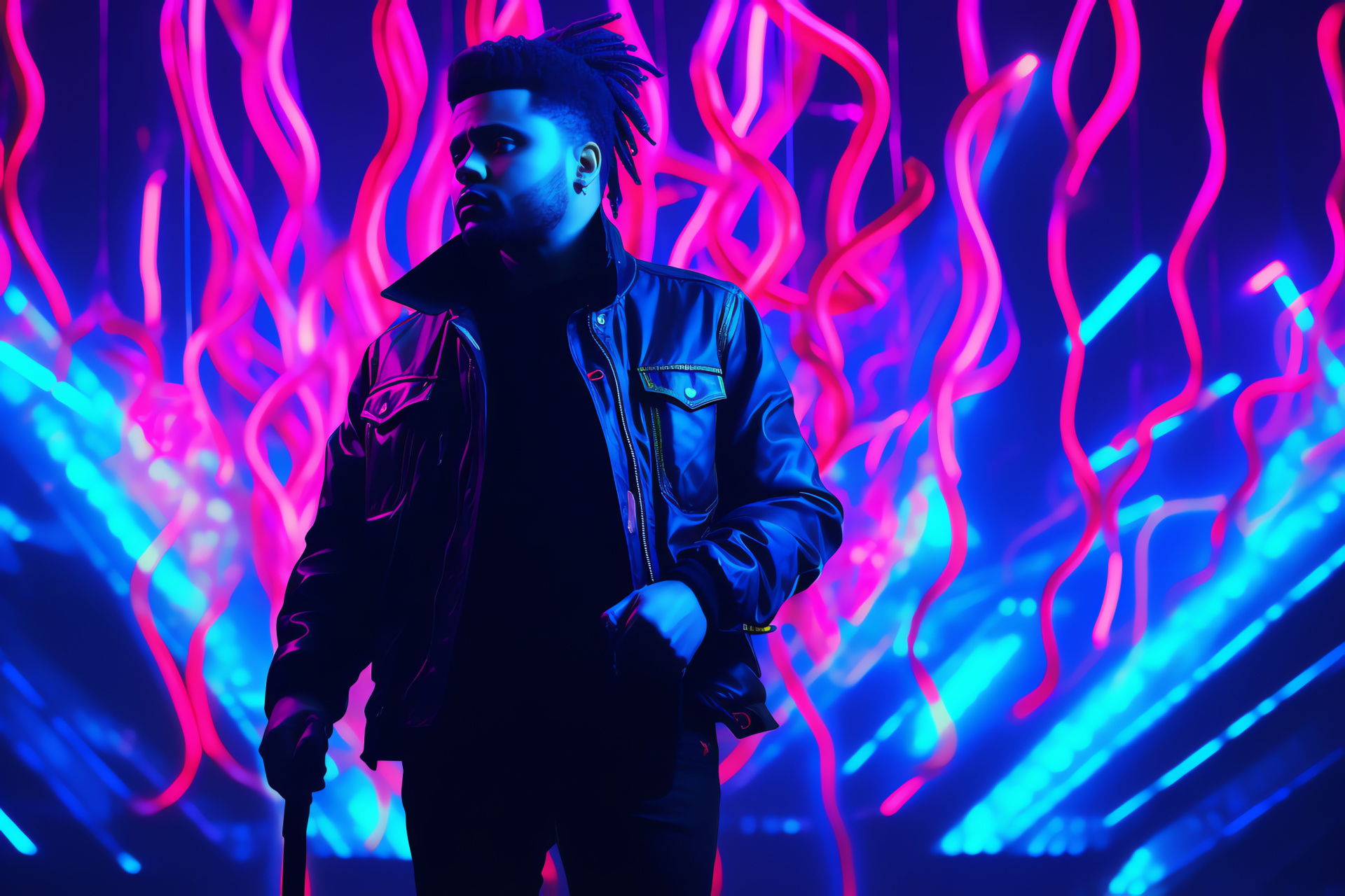 The Weeknd glimpse, Distinctive coiffure, Intriguing stare, Luminous display, Visual intensity, HD Desktop Wallpaper