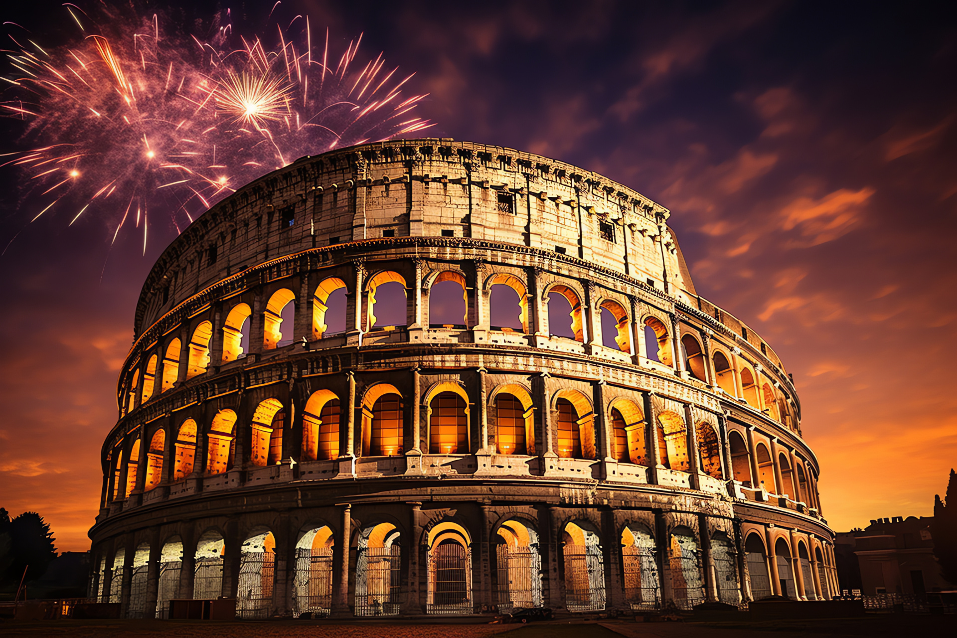 Roman festivity, Italian historic icon, Roman architecture, New Year fireworks, Eternal City tradition, HD Desktop Image