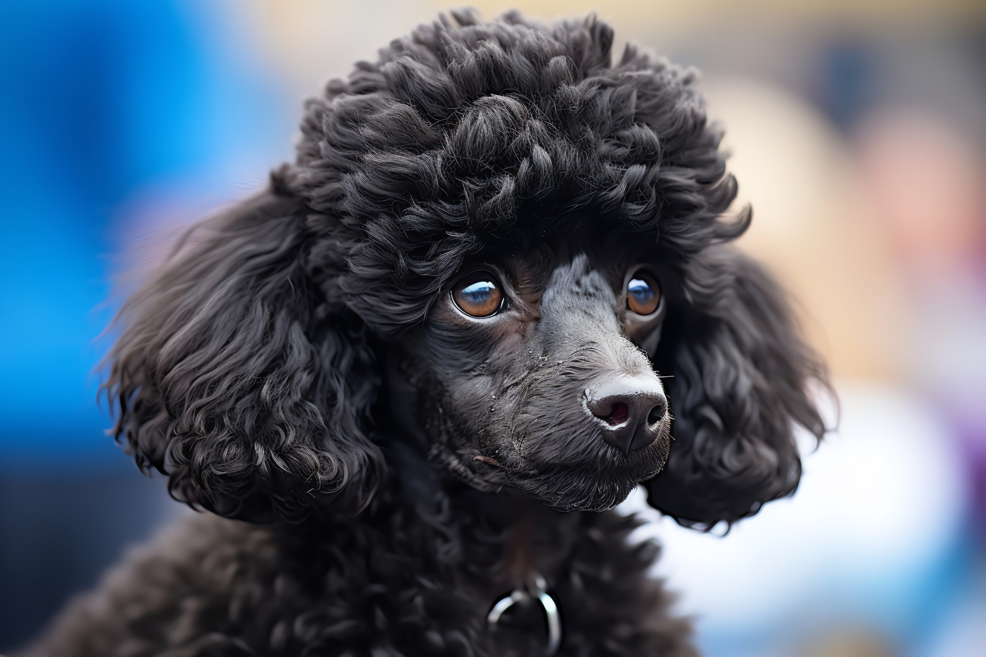 Toy Poodle, canine with blue eyes, glossy black coat, short curly fur, elegant appearance, HD Desktop Image