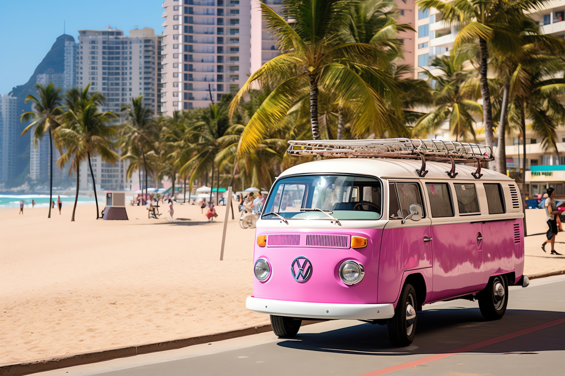 Rio de Janeiro's Pink Volkswagen Kombi, Copacabana Beach setting, Brazilian beach lifestyle, Tropical scenery, Vintage van, HD Desktop Image
