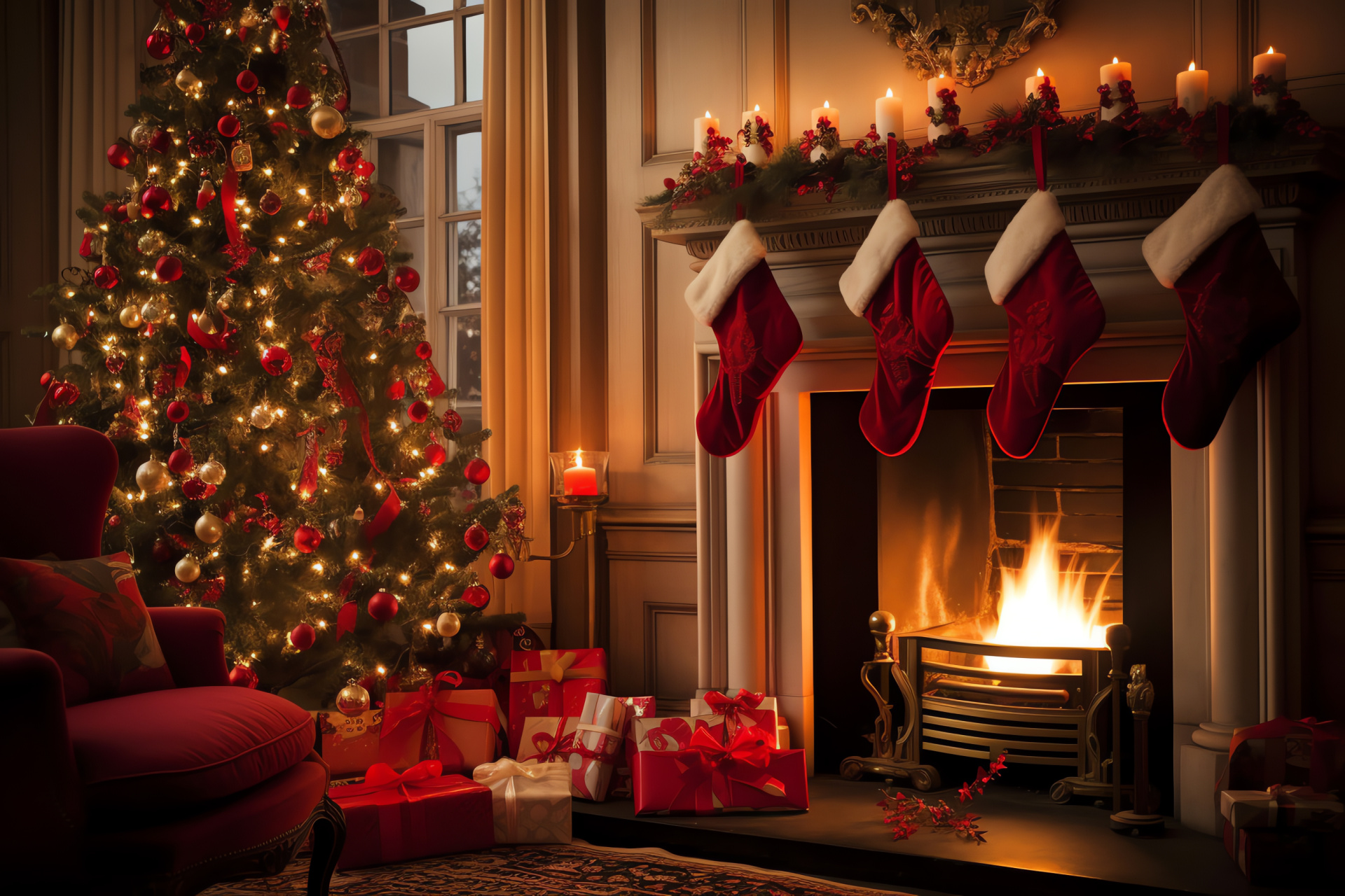 London Christmas scene, Comforting hearth, Seasonal stockings, Homely decor, Holiday warmth, HD Desktop Image