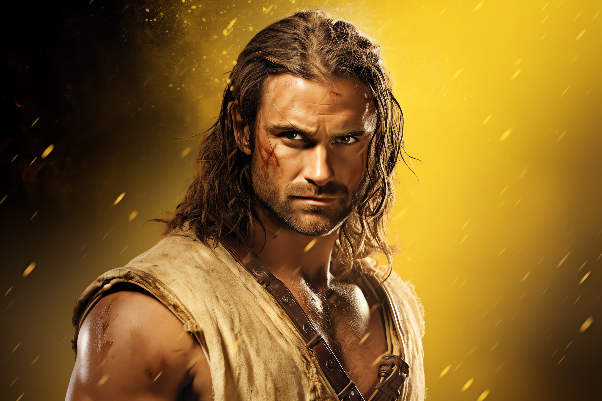 Gannicus gladiator portraiture, Dustin Clare actor, Earnest look, Dramatic illumination, Combat costume, HD Desktop Wallpaper