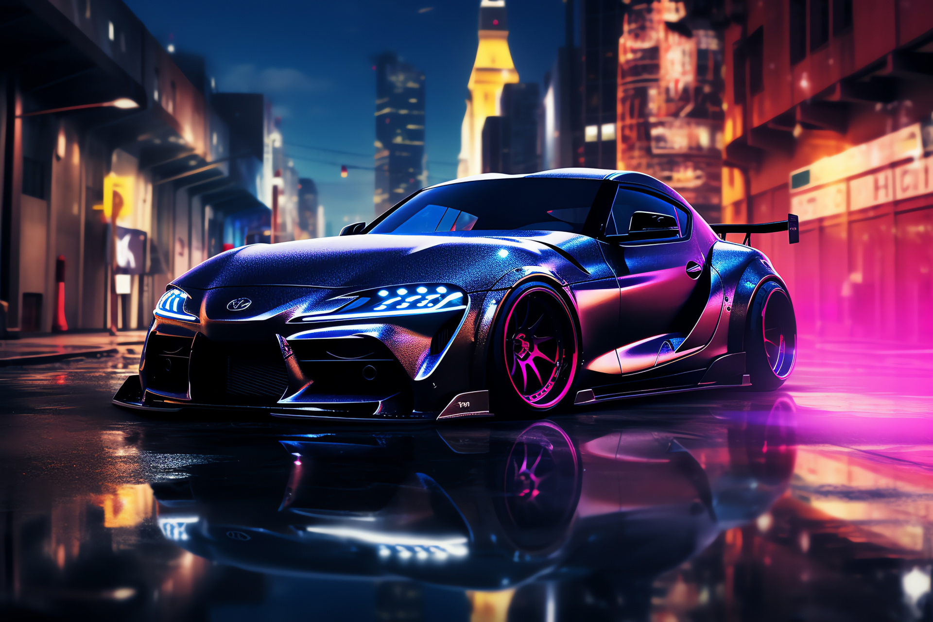 Toyota Supra in city, Futuristic auto design, Street performance, Neon lit dreams, Custom show car, HD Desktop Wallpaper