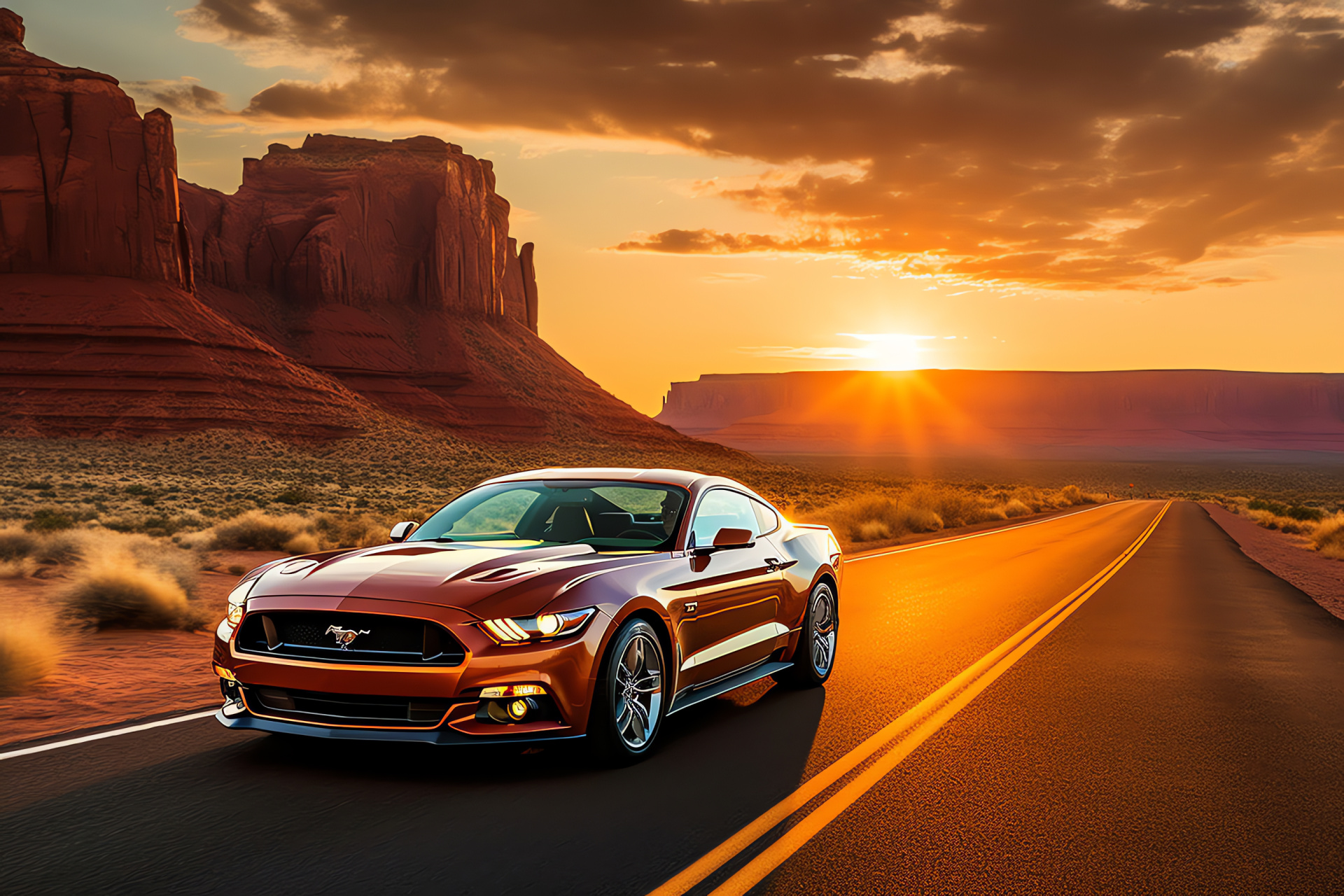 Ford Mustang, Route 66 journey, Desert landscapes, Sunset illumination, Open highway freedom, HD Desktop Image