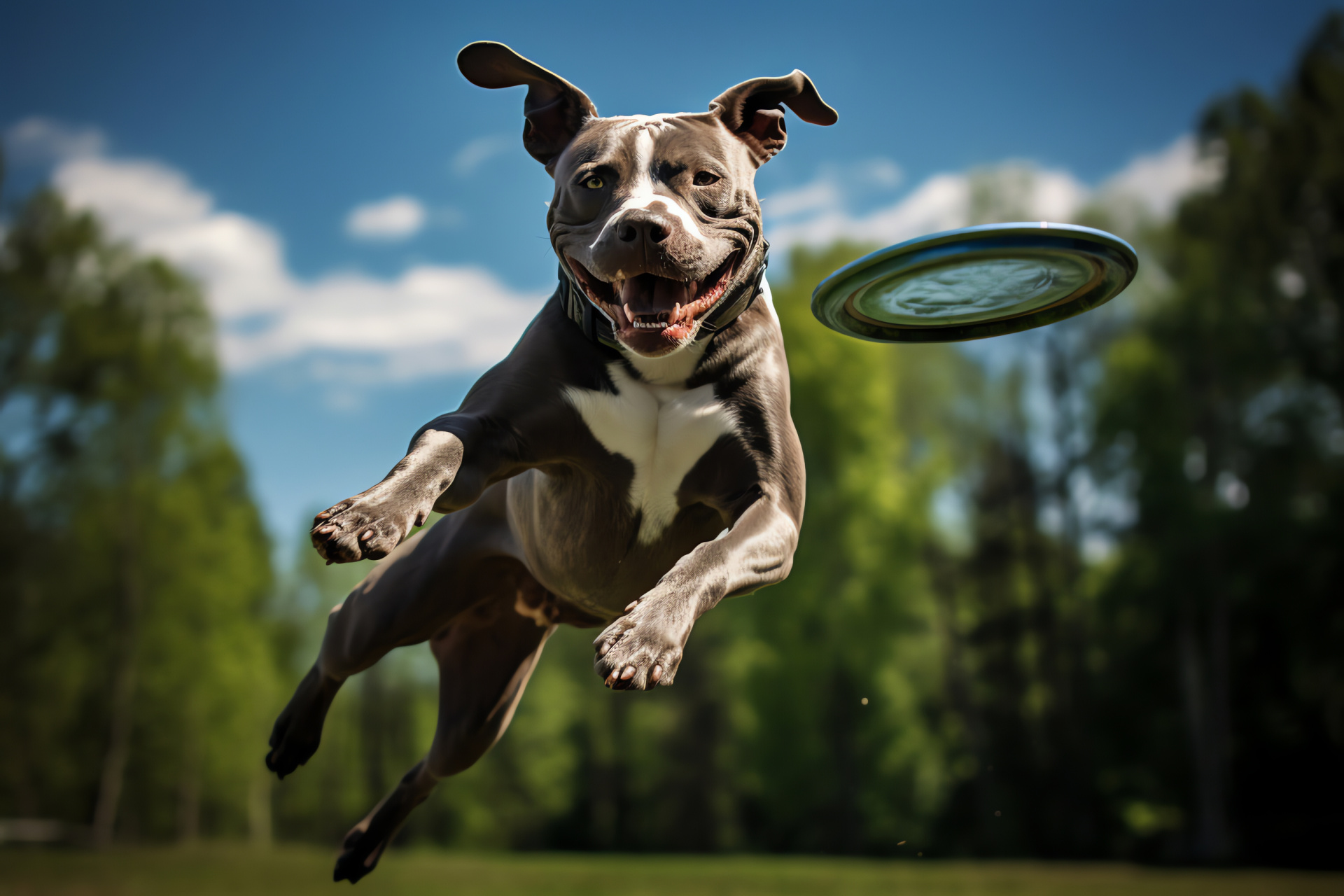 Athletic Pitbull Dog, blue-gray canine, amber-eyed pet, recreational park, dynamic pet play, HD Desktop Image