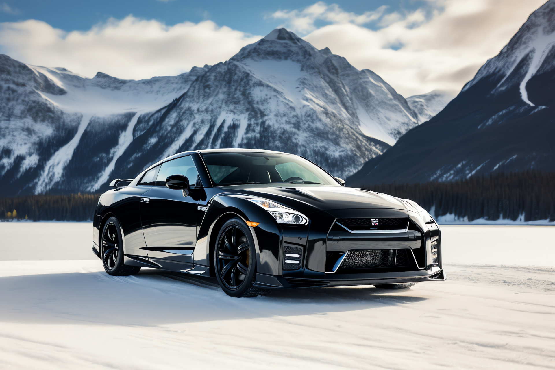 Nissan GTR, Canadian Rockies, special edition, sophisticated finish, wintry nature, HD Desktop Wallpaper