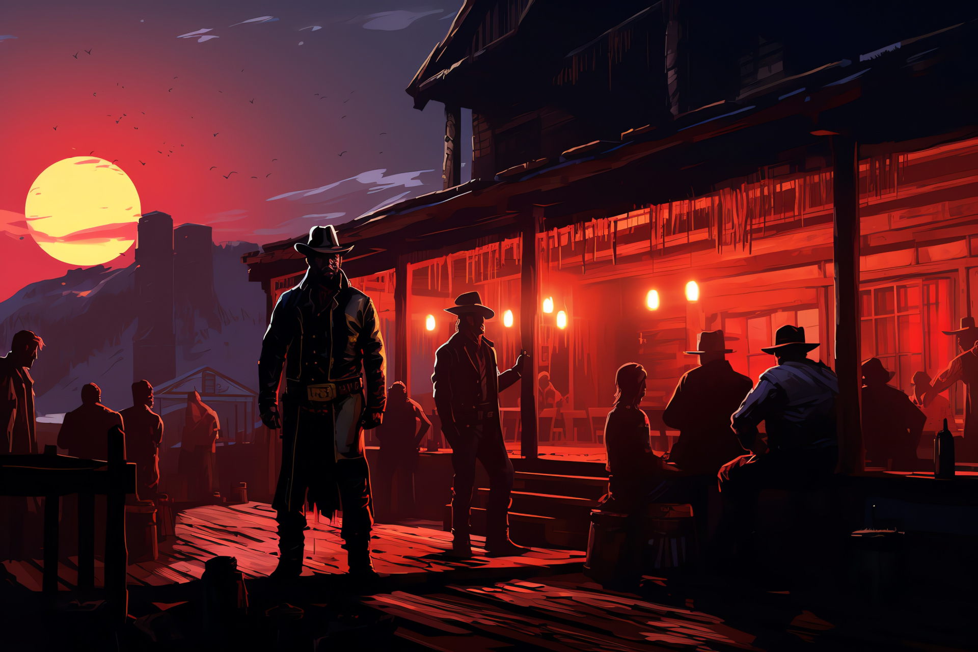 Old West adventure, Valentine setting, RDR gang, Saloon gathering, Timbered construction, HD Desktop Wallpaper