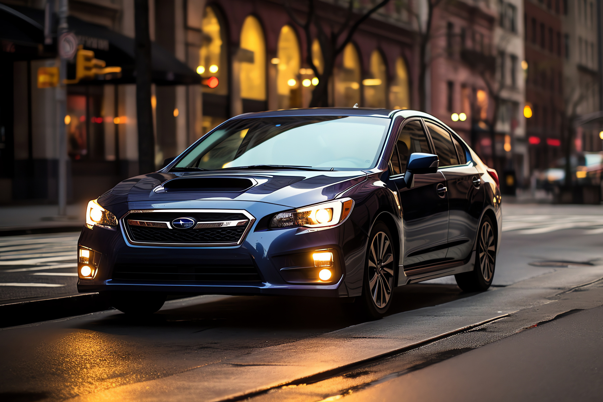 Subaru Impreza, New York traffic, Urban hatchback design, Illuminated city roads, Automotive city roaming, HD Desktop Wallpaper