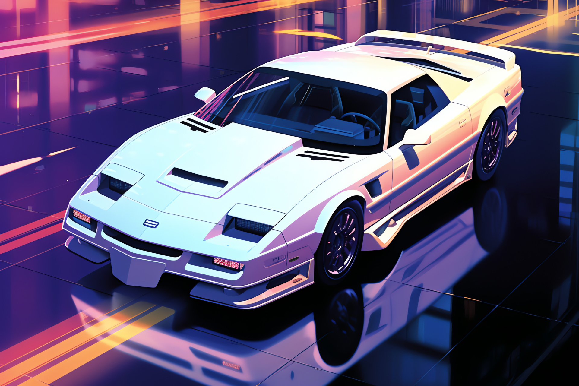 1993 Ws6 Trans Am, modern city perspective, urban neon environment, white finish sports car, HD Desktop Wallpaper